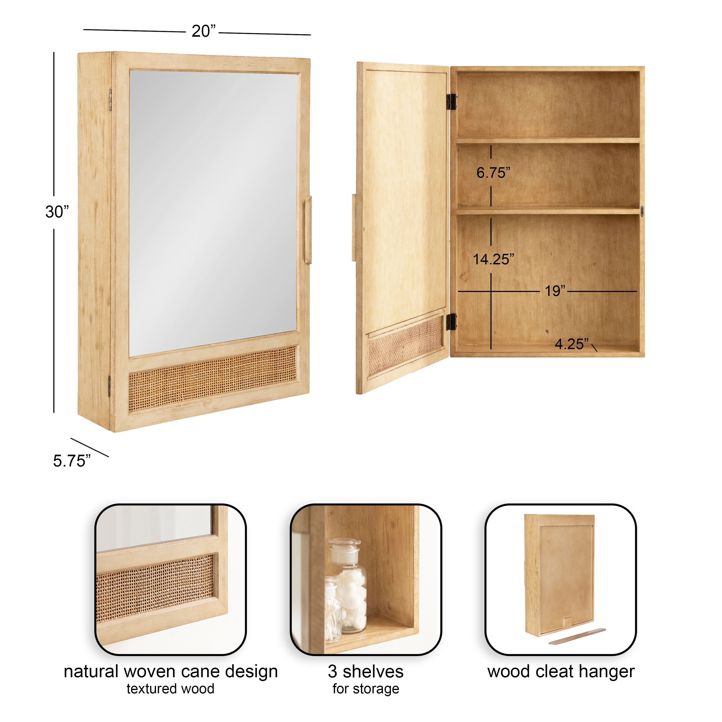 Kate and Laurel Ori Rattan & Wood Mirror Vanity Cabinet