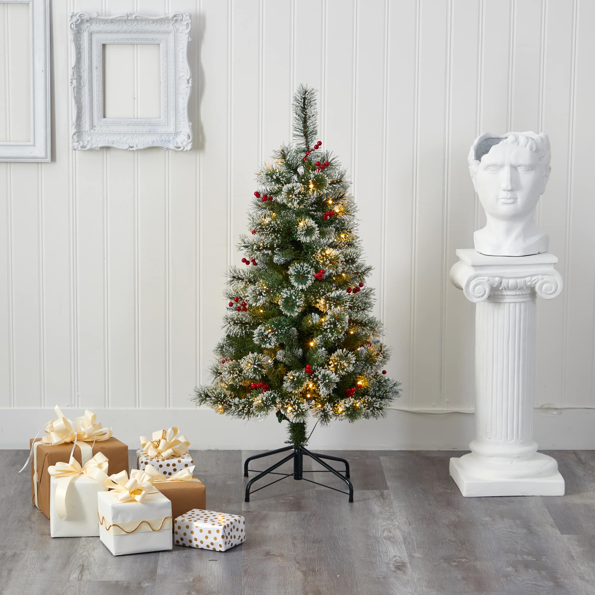 4ft. Pre-Lit Frosted Swiss Pine Artificial Christmas Tree with Berries, Clear LED Lights