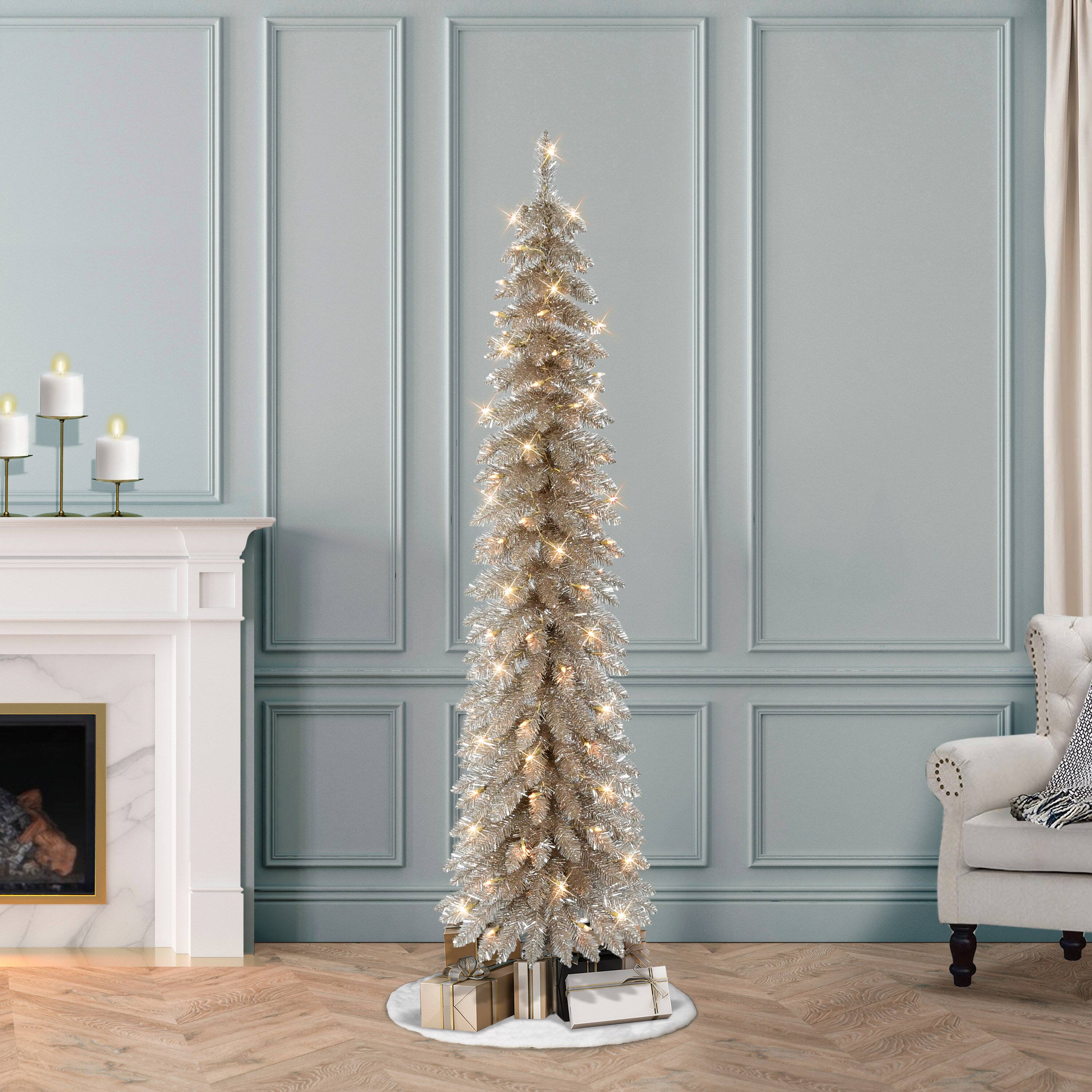 6ft. Pre-Lit Rose Gold Alpine Pencil Artificial Christmas Tree, Clear Lights 