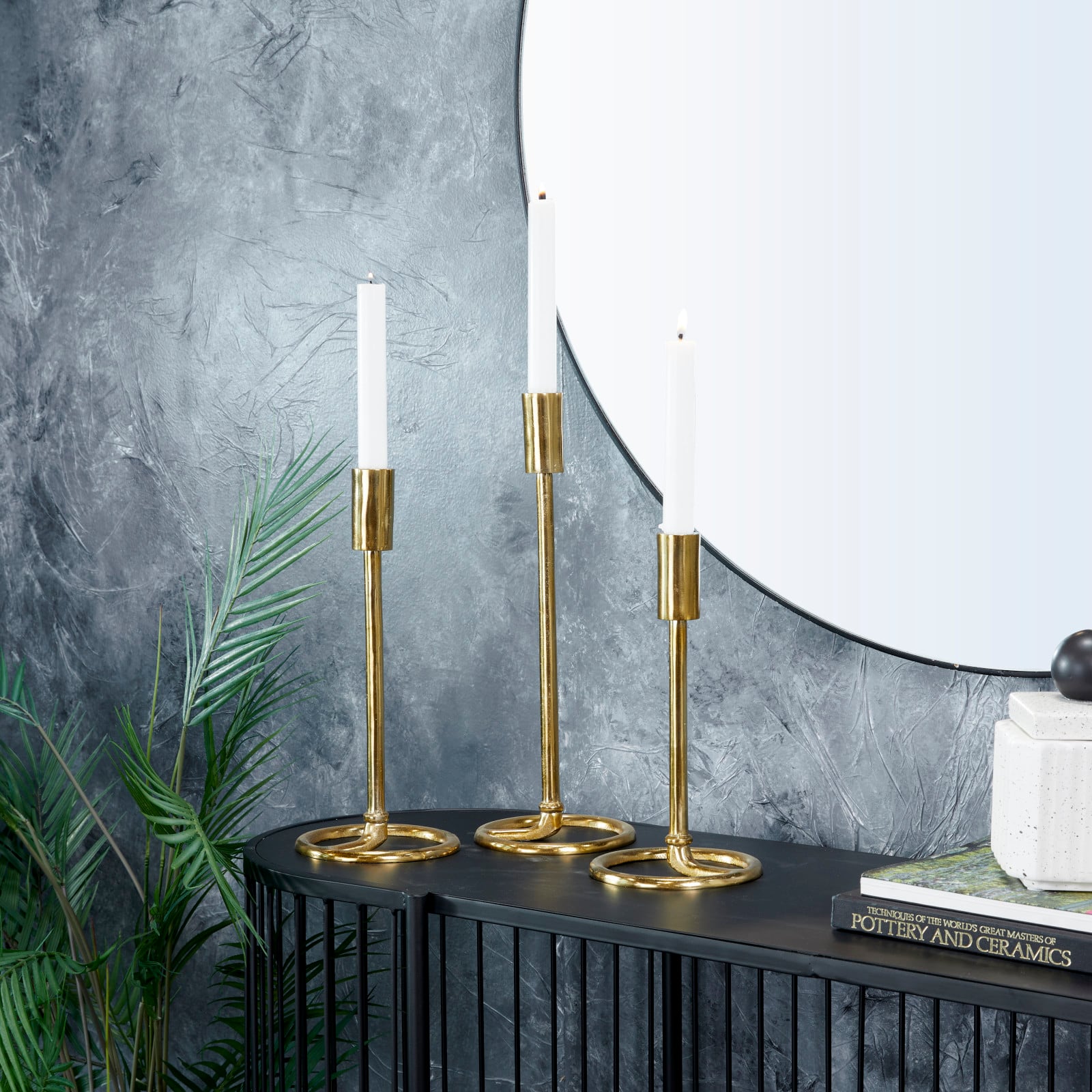 Set of 3 Gold Aluminum Contemporary Candle Holders, 14" x 5" x 5"