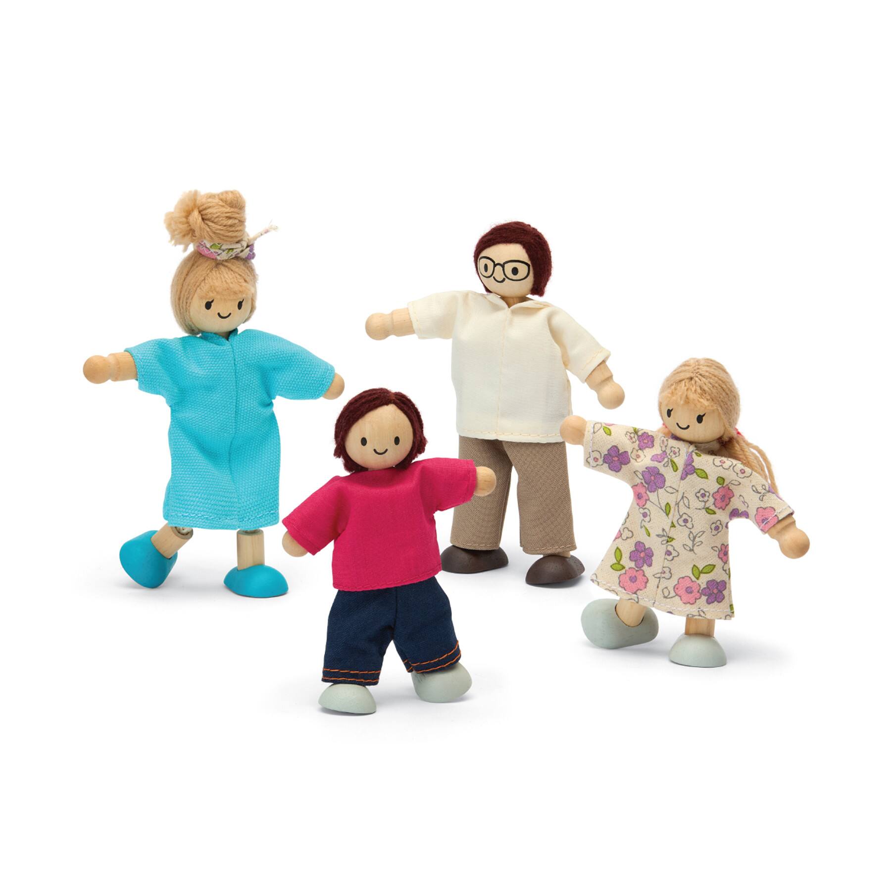 PlanToys Light Skin Tone & Brown Hair Wood Doll Family Set