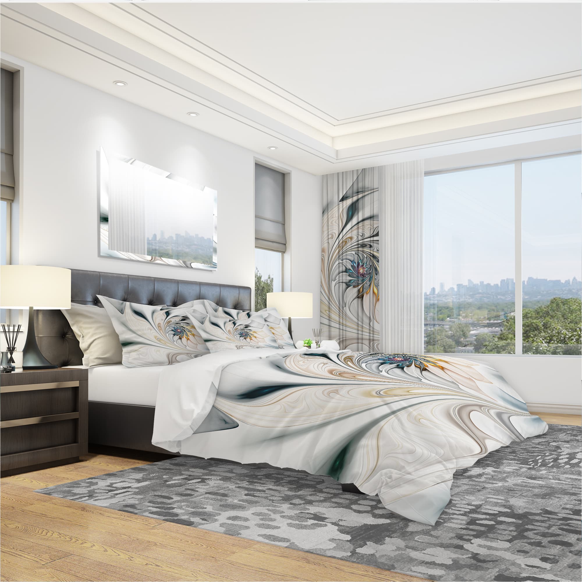 DesignArt White Stained Glass Floral Art Duvet Cover Set
