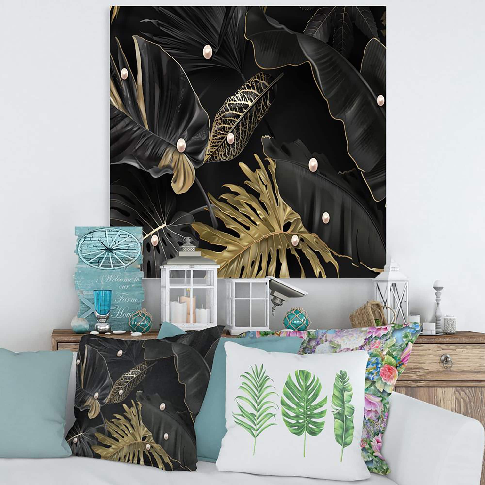 Designart - Black and Gold Tropical Leaves III - Modern Canvas Wall Art Print
