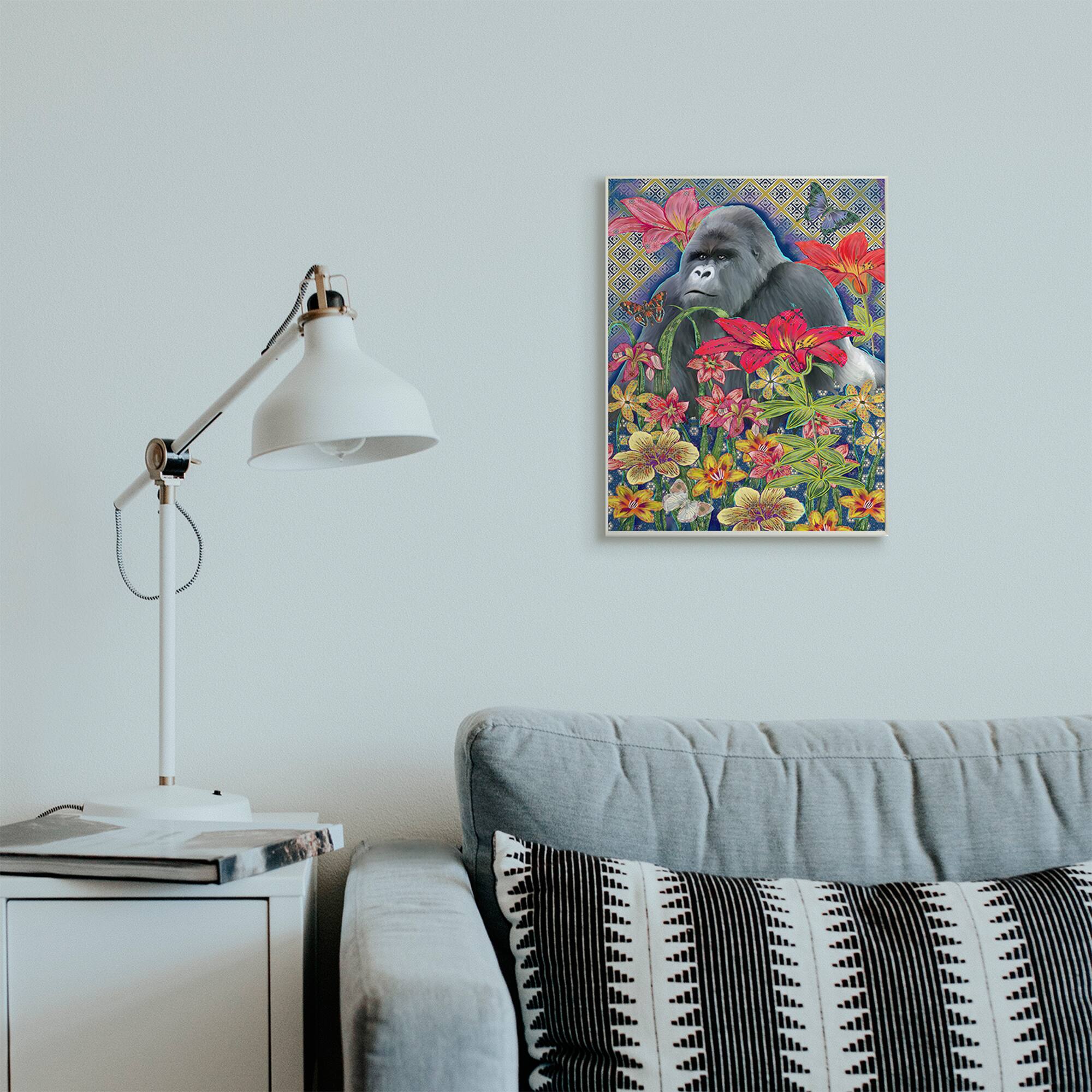 Stupell Industries Gorilla Standing Behind Tropical Florals Geometric Pattern Wall Plaque