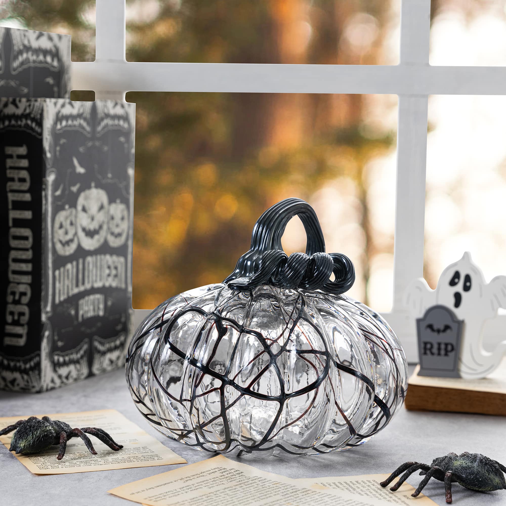 Glitzhome® 7.5" Halloween Abstract Black and White Glass Pumpkin
