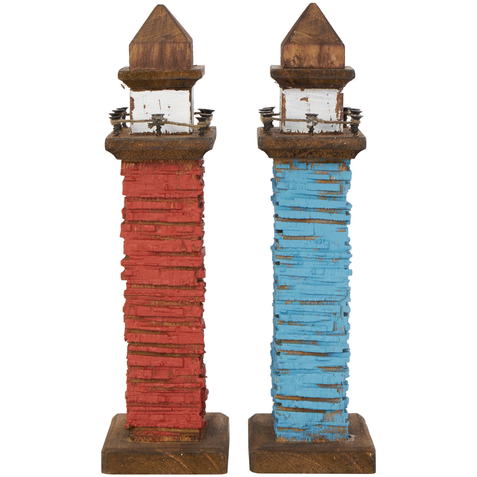 10" Red & Blue Wood Light Housee Sculpture Set