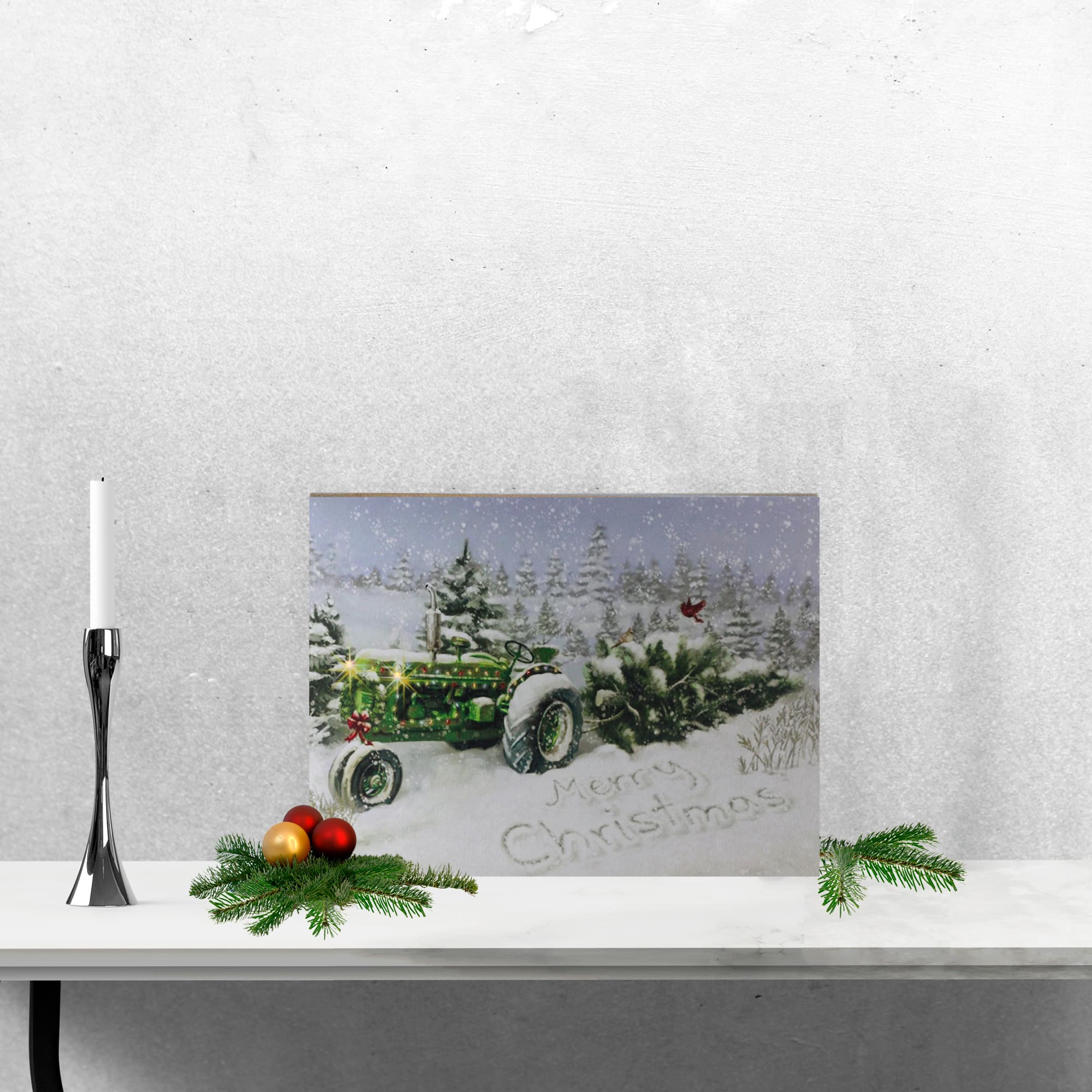 LED Lighted Merry Christmas Tractor Canvas Wall Art