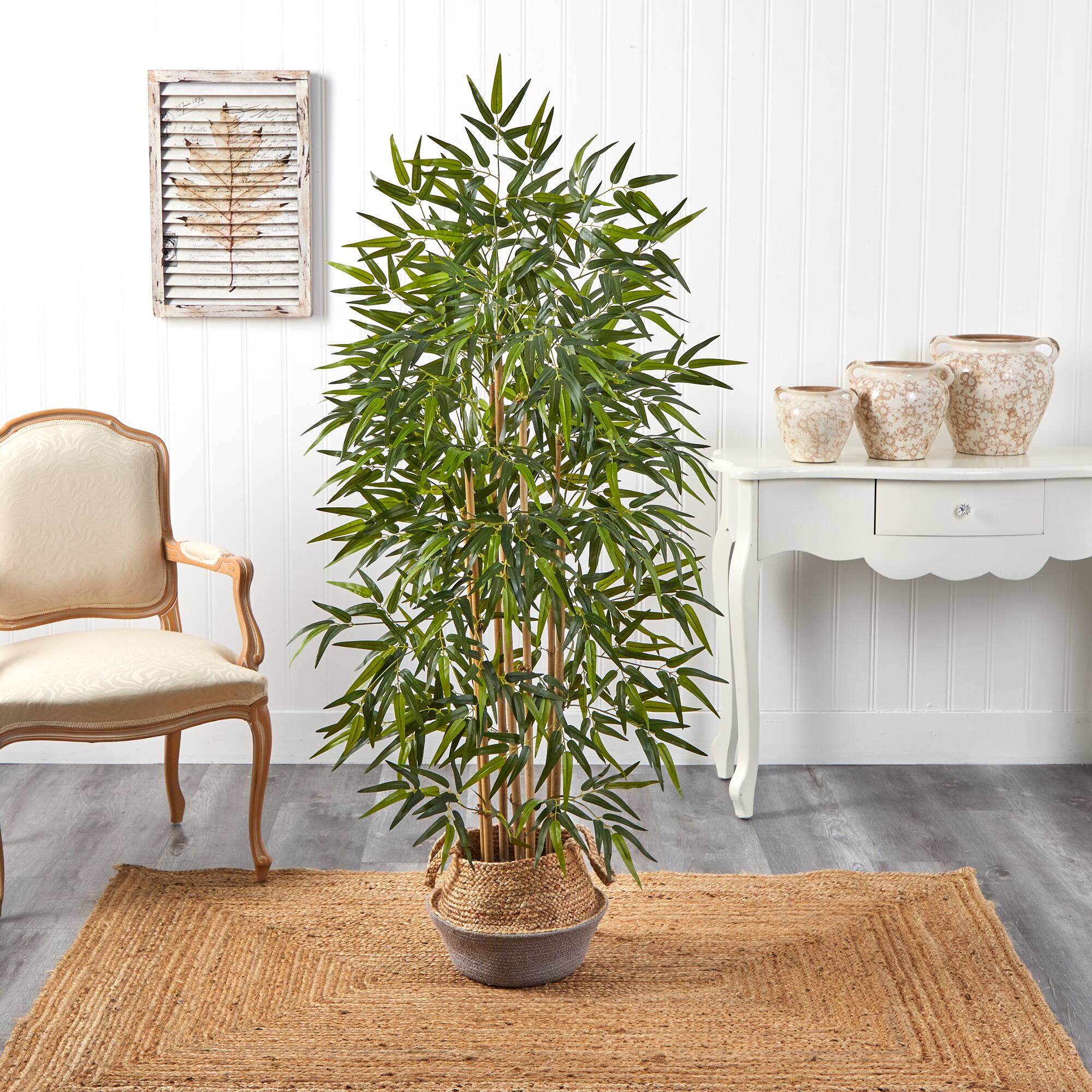 64" Bamboo Artificial Tree Natural Bamboo Trunks in Boho Chic Handmade Cotton & Jute Gray Woven Planter