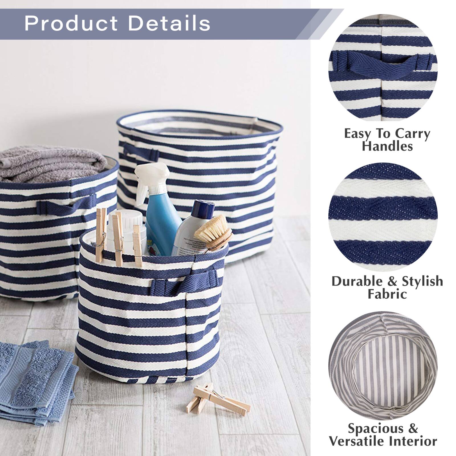 DII® Small French Blue & White Round Herringbone Striped PE-Coated Cotton Laundry Bins, 2ct.
