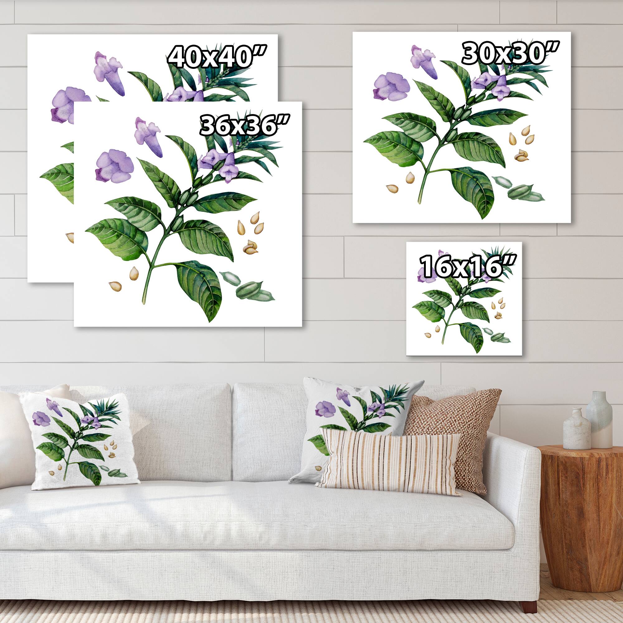 Designart - Purple Sesame Flowers WIth Green Leaves