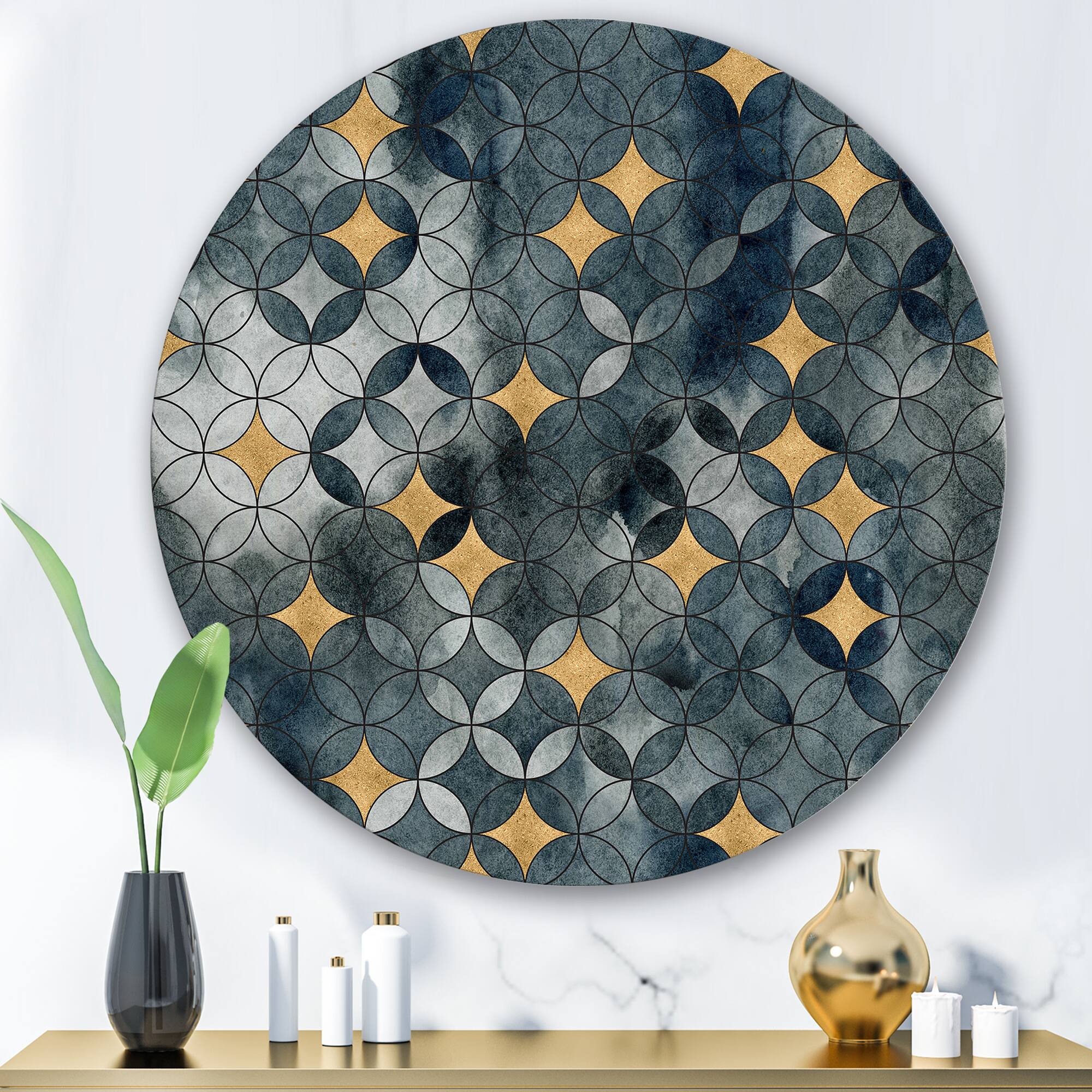 Designart - Geometry Intersecting Circles WIth Golden Stars - Modern Metal Circle Wall Art