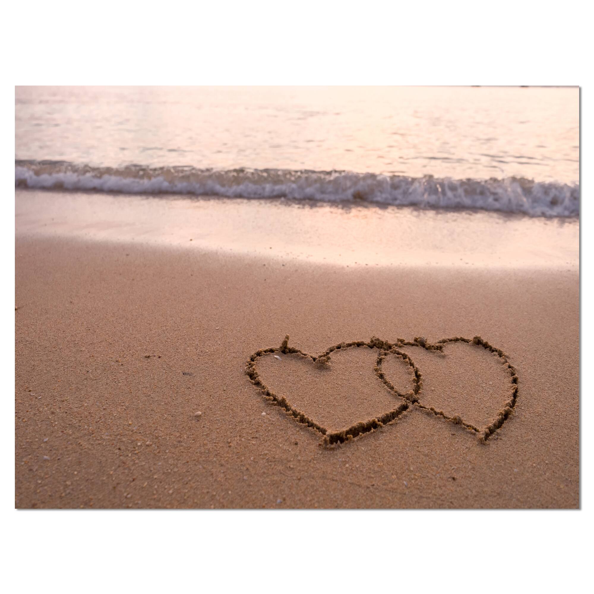 Designart - Two Hearts Drawn on the Beach - Extra Large Seascape Art Canvas