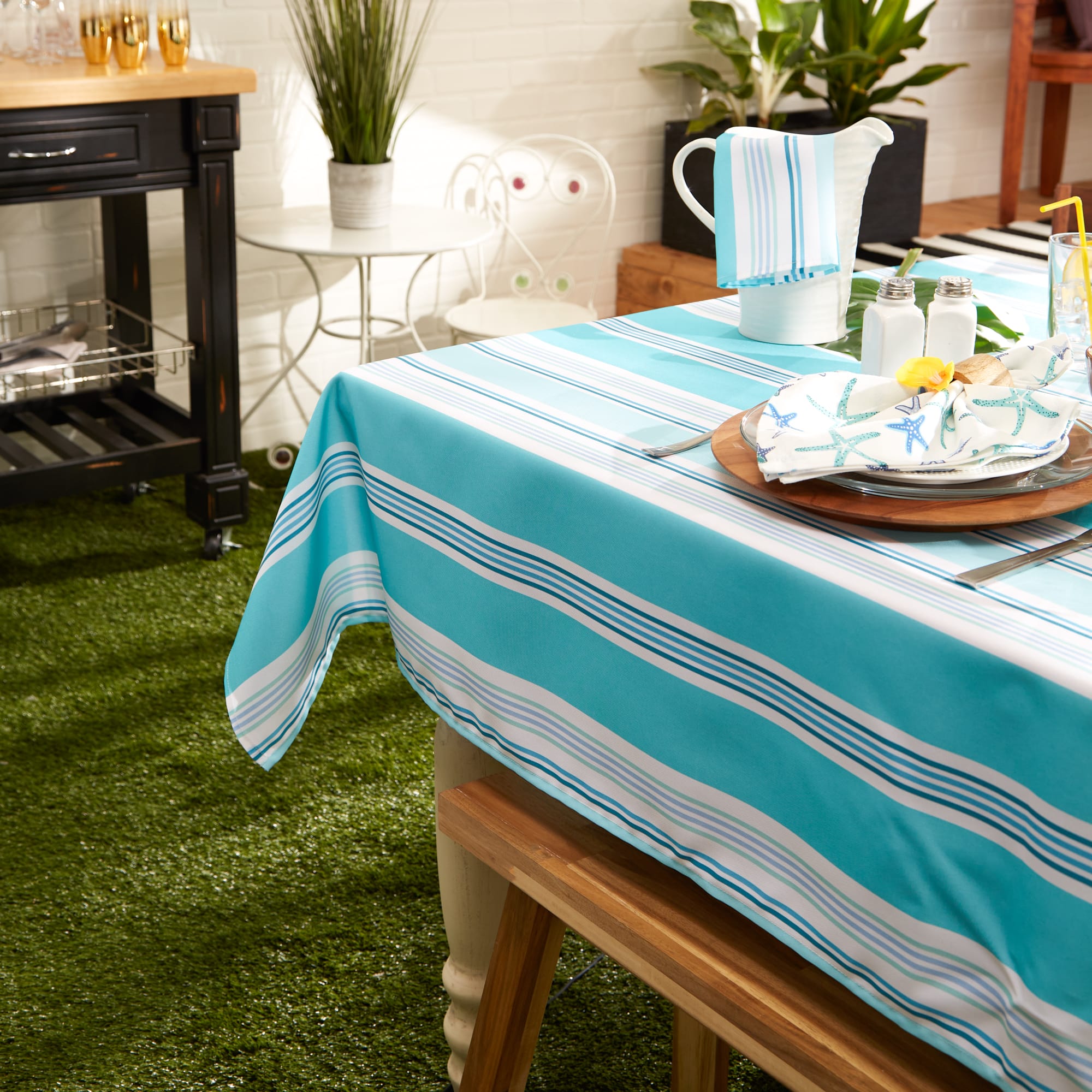 DII® Beach House Stripe Print Outdoor Tablecloth 60x120"