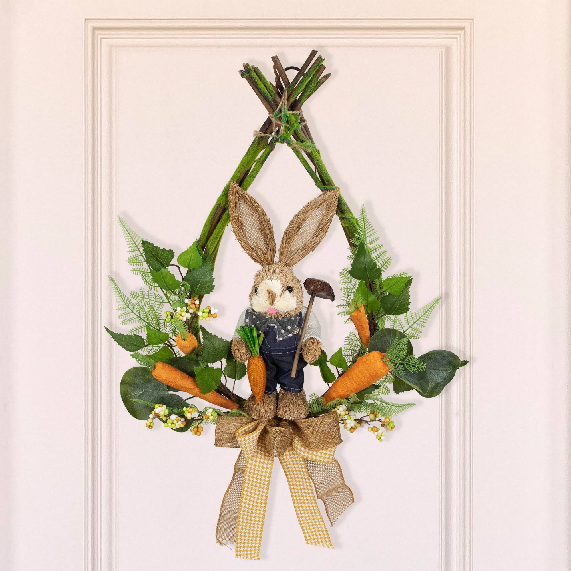 22" Green & Orange Farmer Bunny Moss Vines Teardrop Easter Wreath