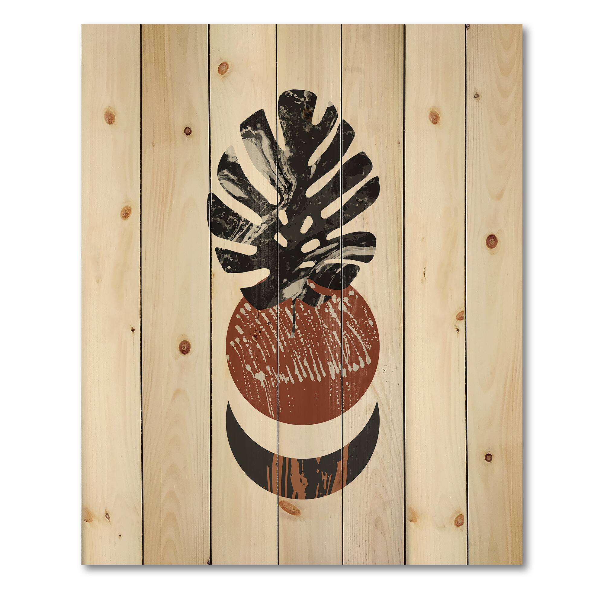 Designart - Abstact Minimal Sun, Moon & Tropical Palm Leaf II - Modern Print on Natural Pine Wood