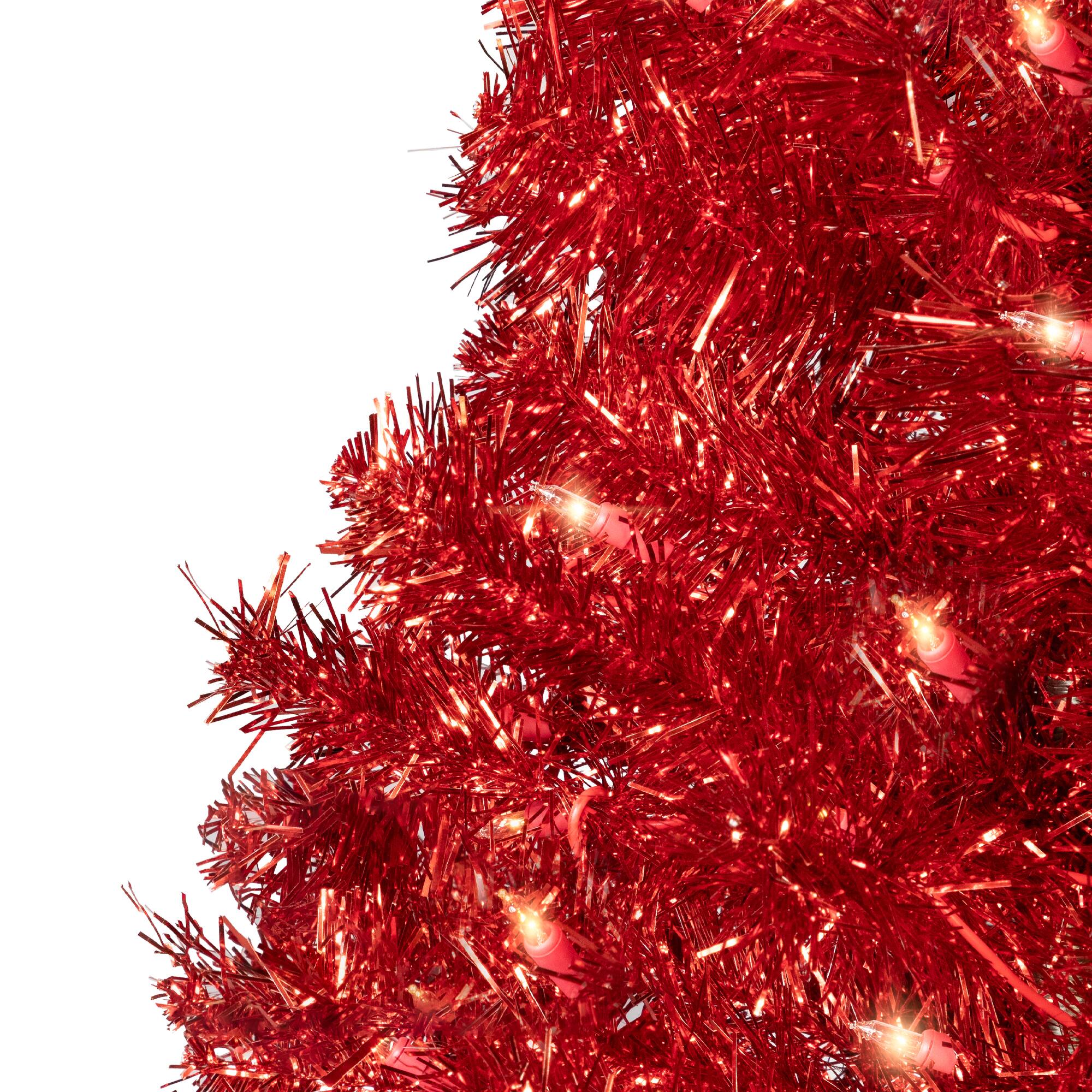 Pre-Lit Red Tinsel Artificial Christmas Tree, Clear Lights