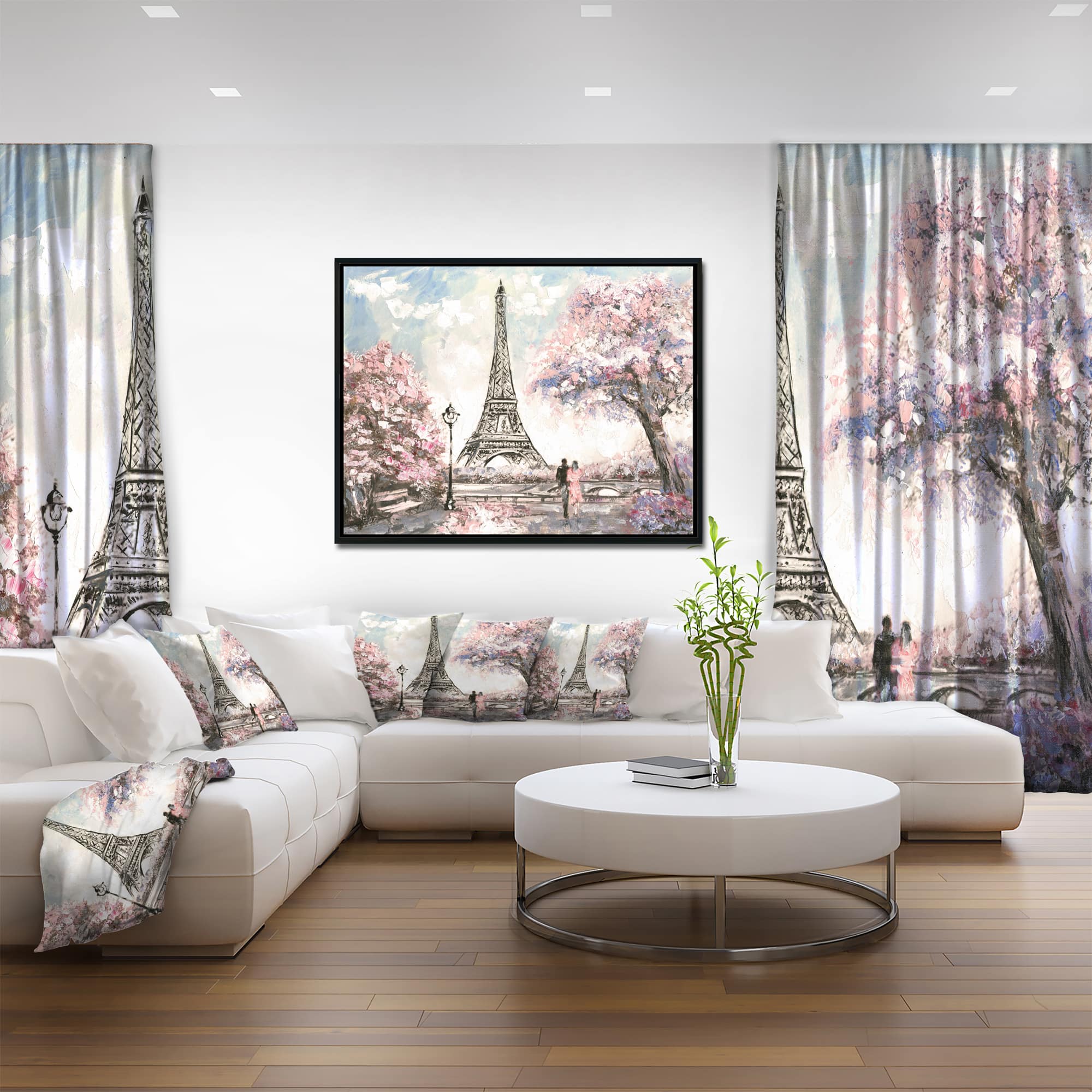 Designart - Eiffel with Pink Flowers - Landscape Framed Canvas Art Print