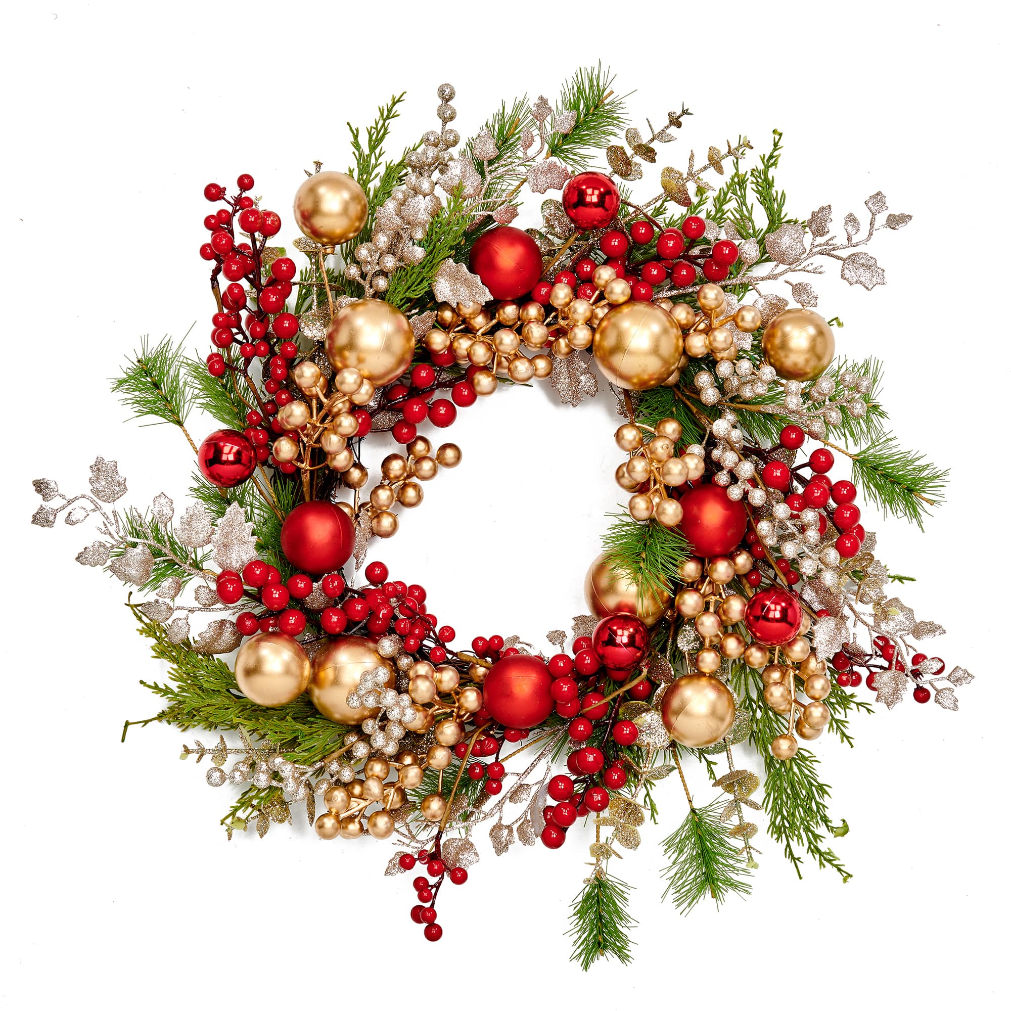 22" Christmas Red & Gold Balls Eucalyptus Cedar Wreath