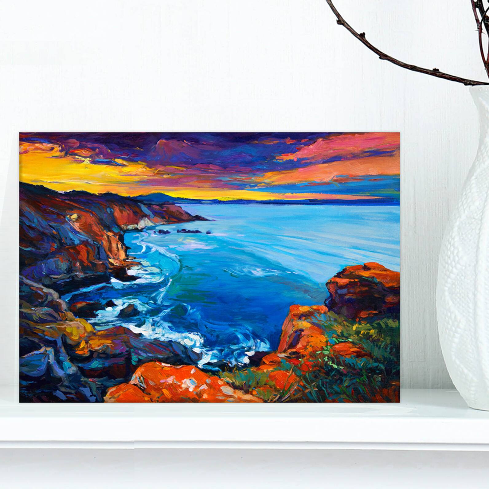 Designart - Rich Golden Sunset Over Ocean and Cliffs