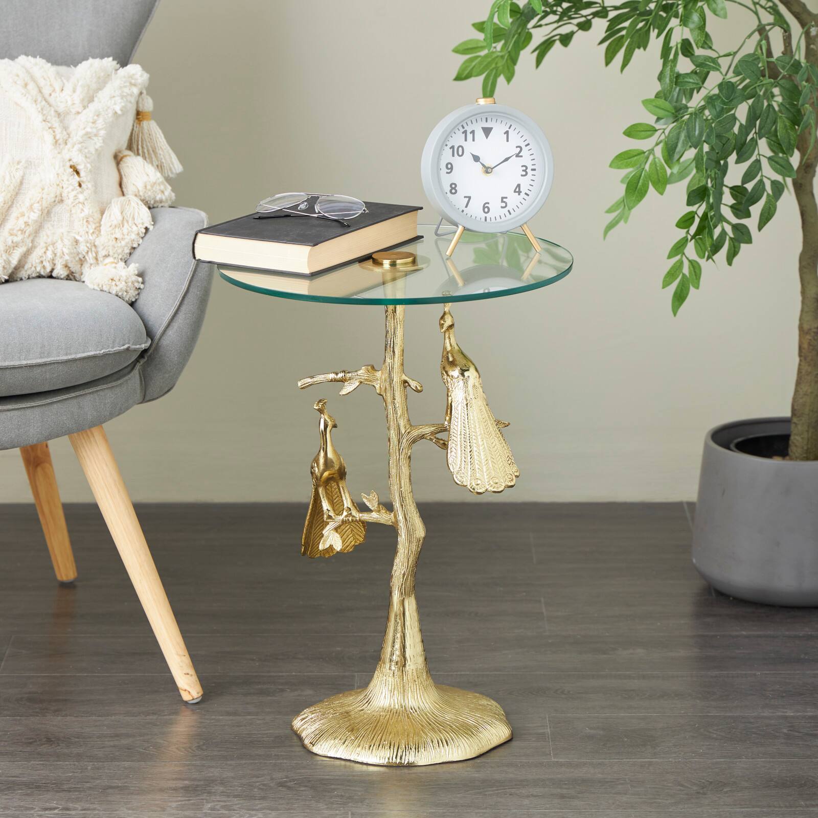 22.25" Gold Aluminum Peacock Textured Accent Table with Glass Tabletop