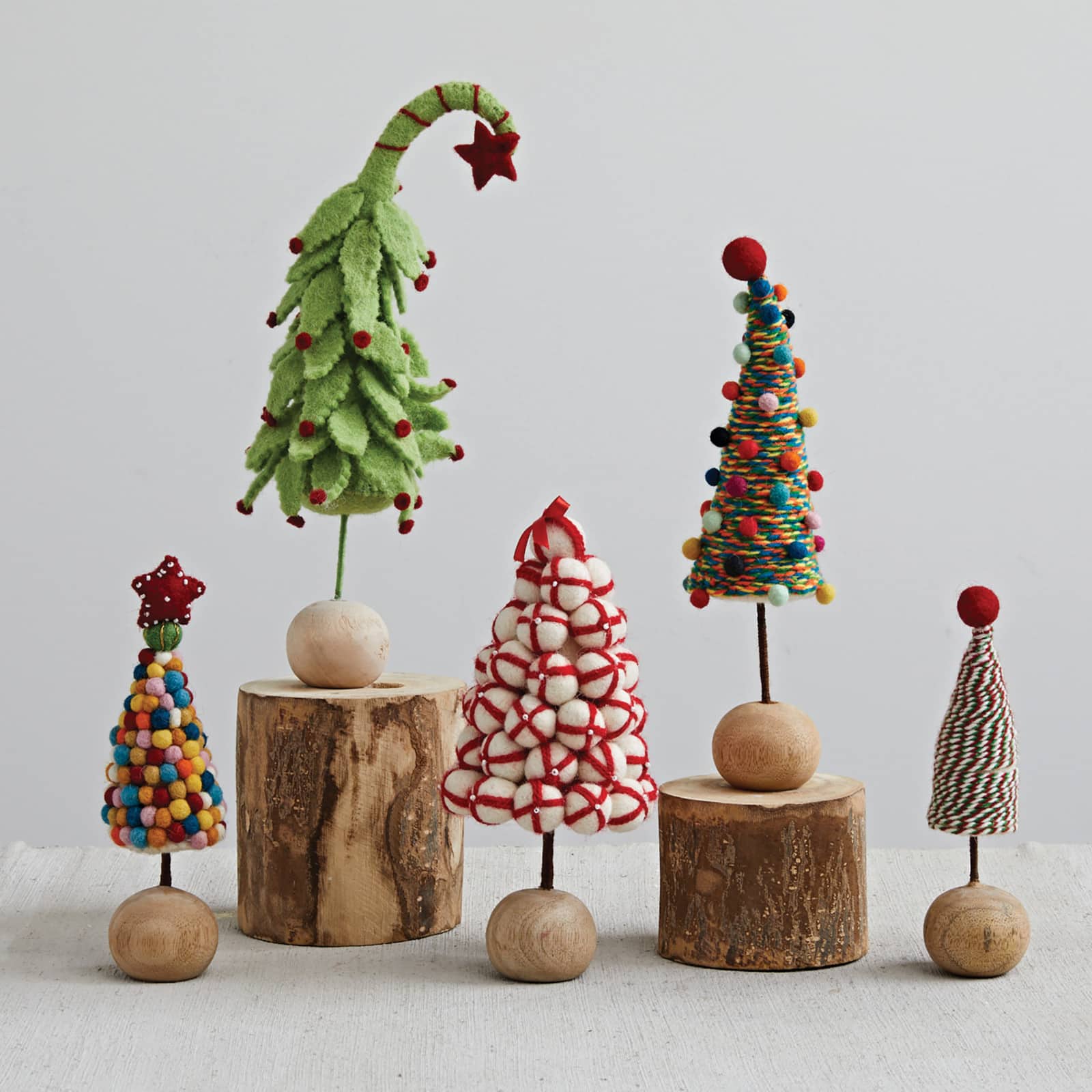 Hello Honey® 9" Cream & Red Beaded Handmade Wool Felt Pom Pom Tree with Wood Ball Base