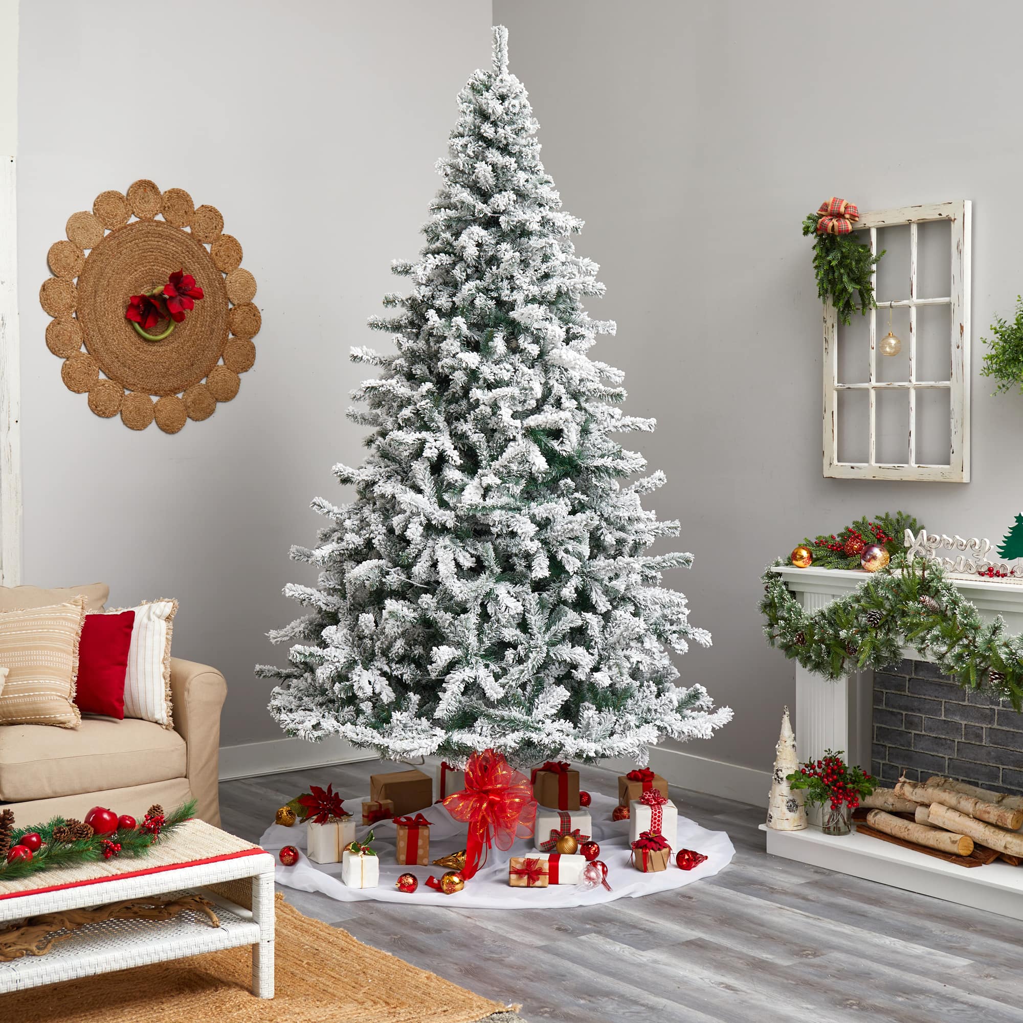 10ft. Pre-Lit Flocked Rock Springs Spruce Artificial Christmas Tree, Clear LED Lights