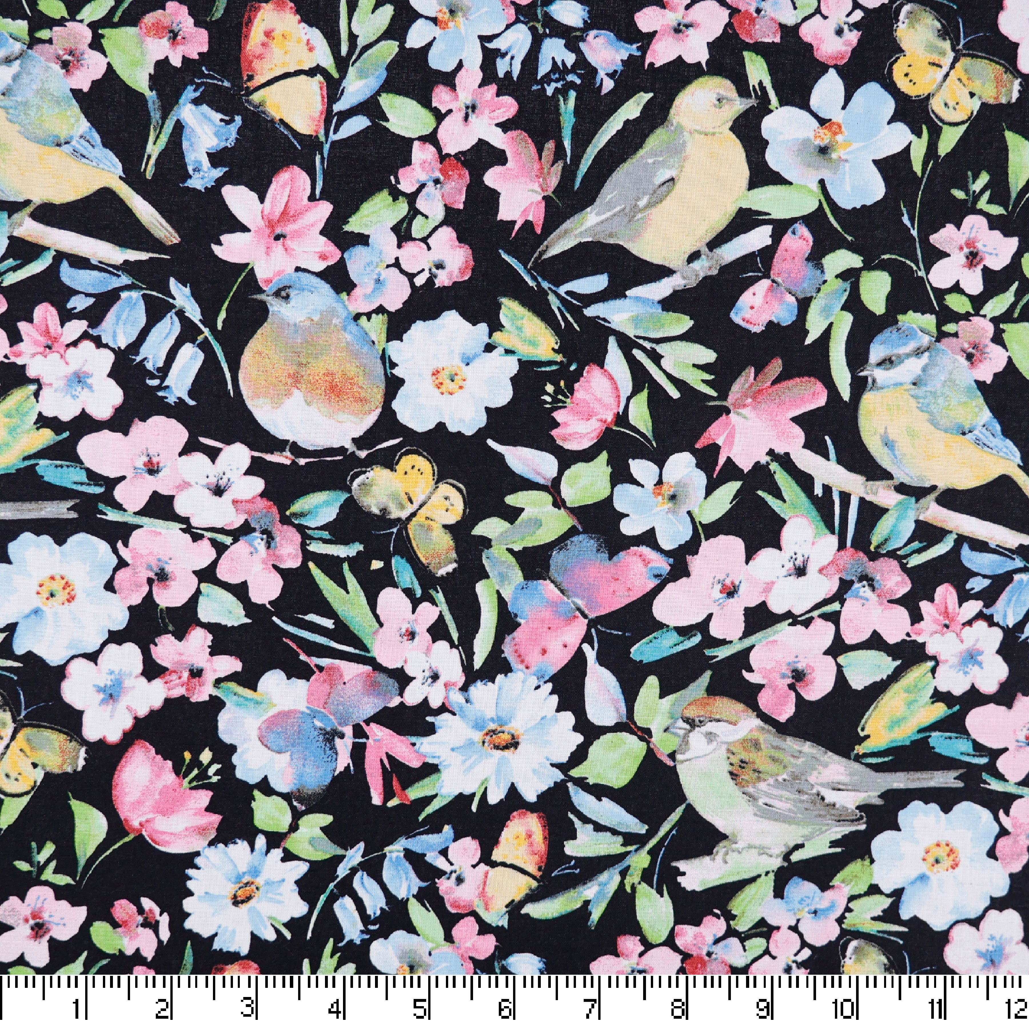 Black Spring Floral Birds Craft Cotton Fabric