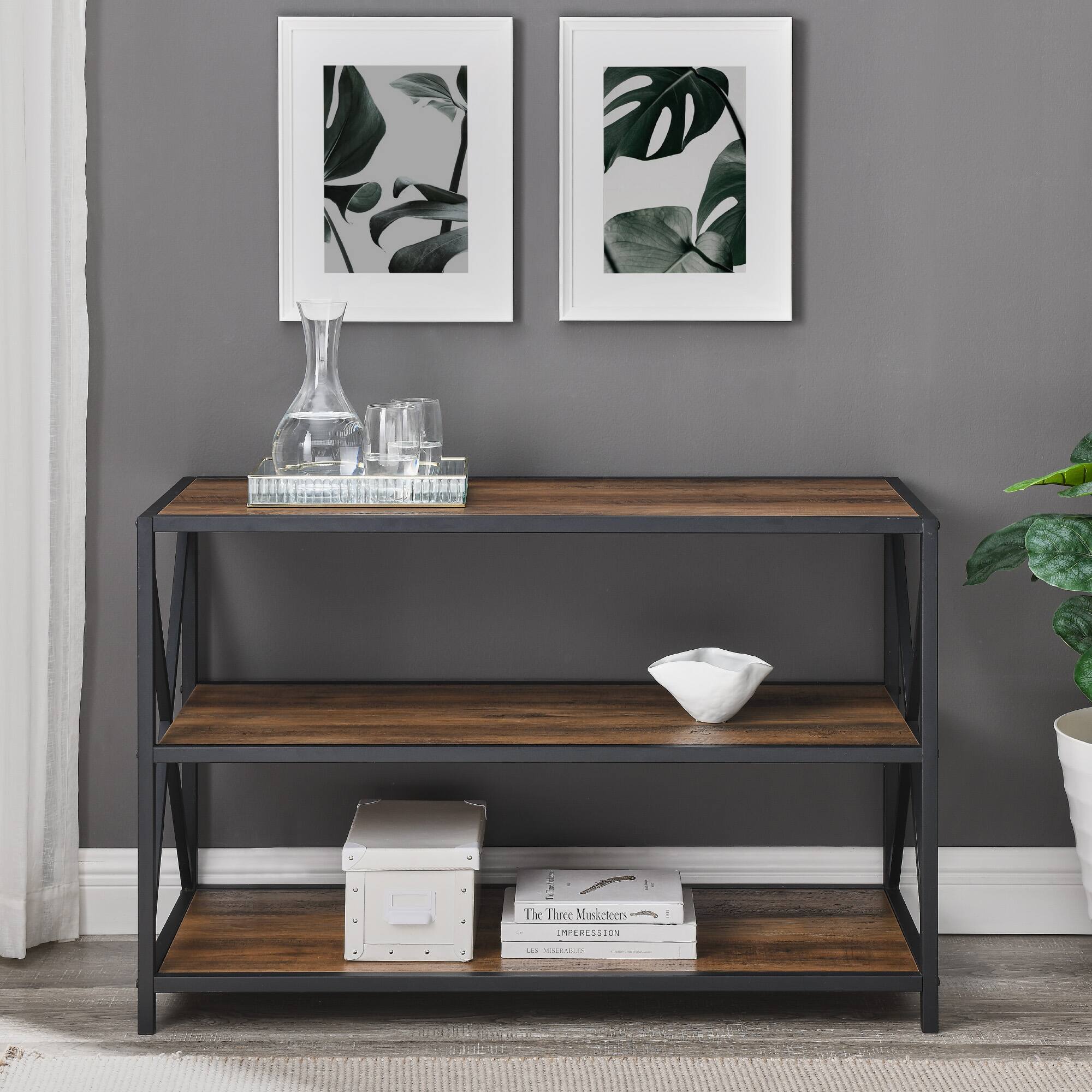 Walker Edison Rustic Oak X-Frame Industrial Wood Bookshelf