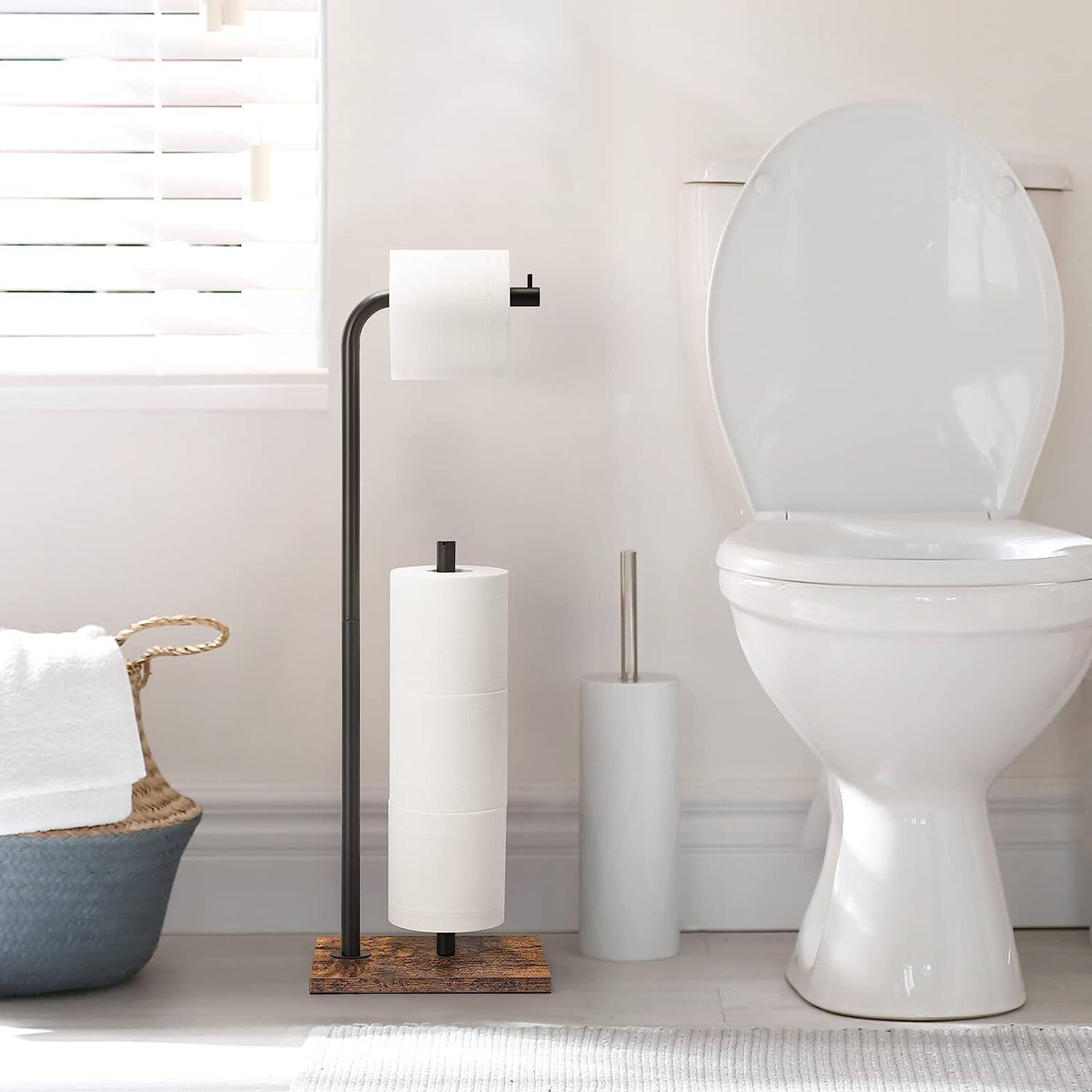 Black Freestanding Metal Toilet Paper Holder Stand