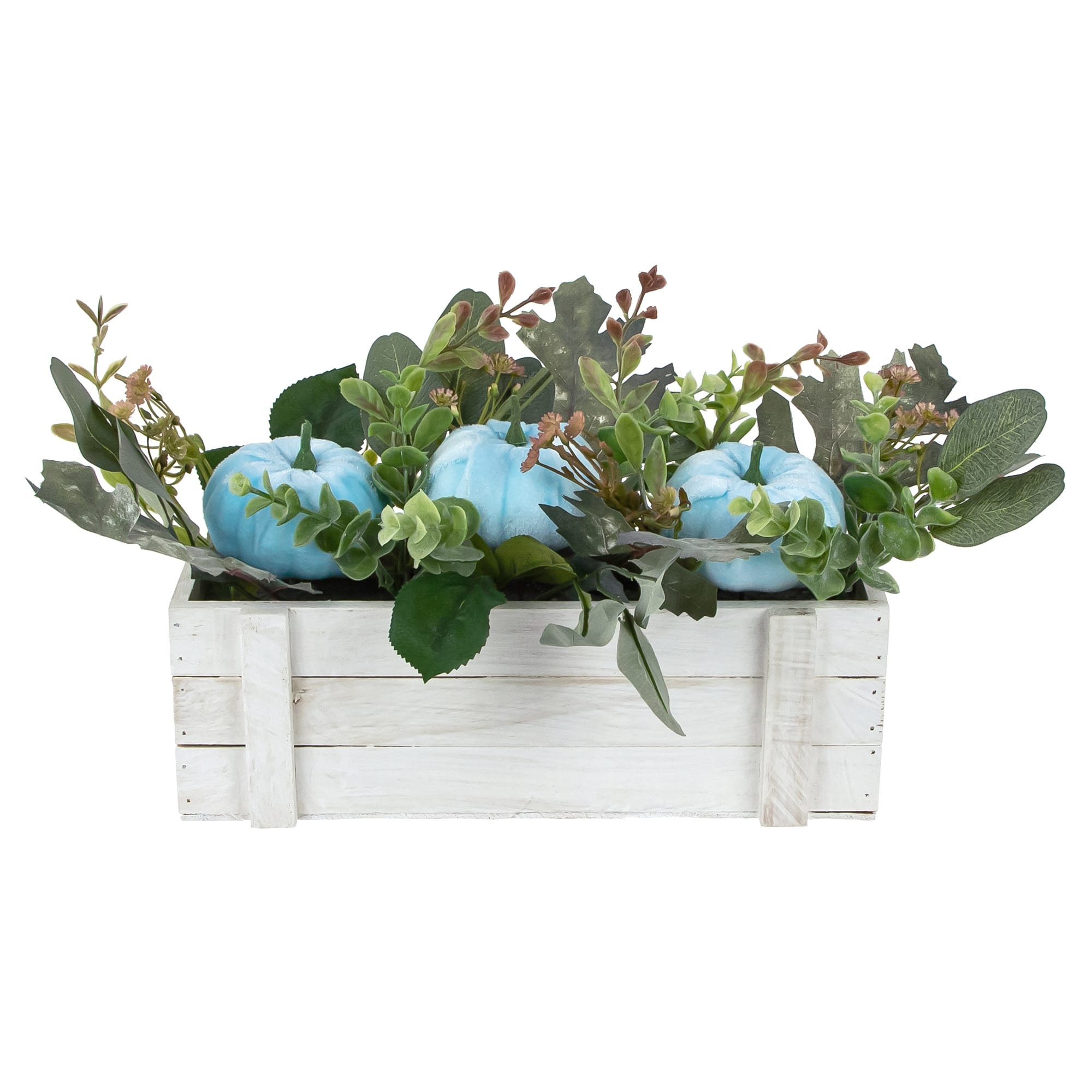 18" White Wooden Box of Foliage & Pumpkins Thanksgiving Decoration