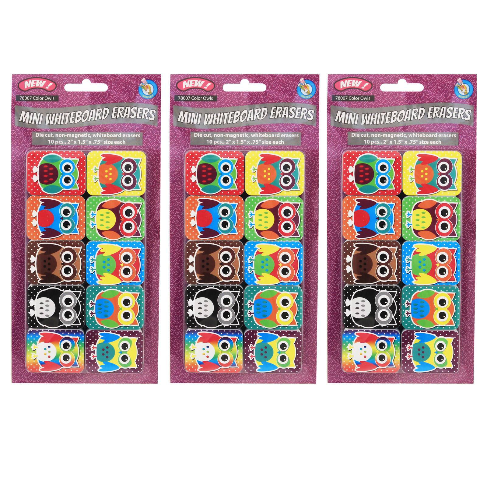 Ashley Productions Non-Magnetic Mini Color Owls Whiteboard Erasers, 3 Packs of 10