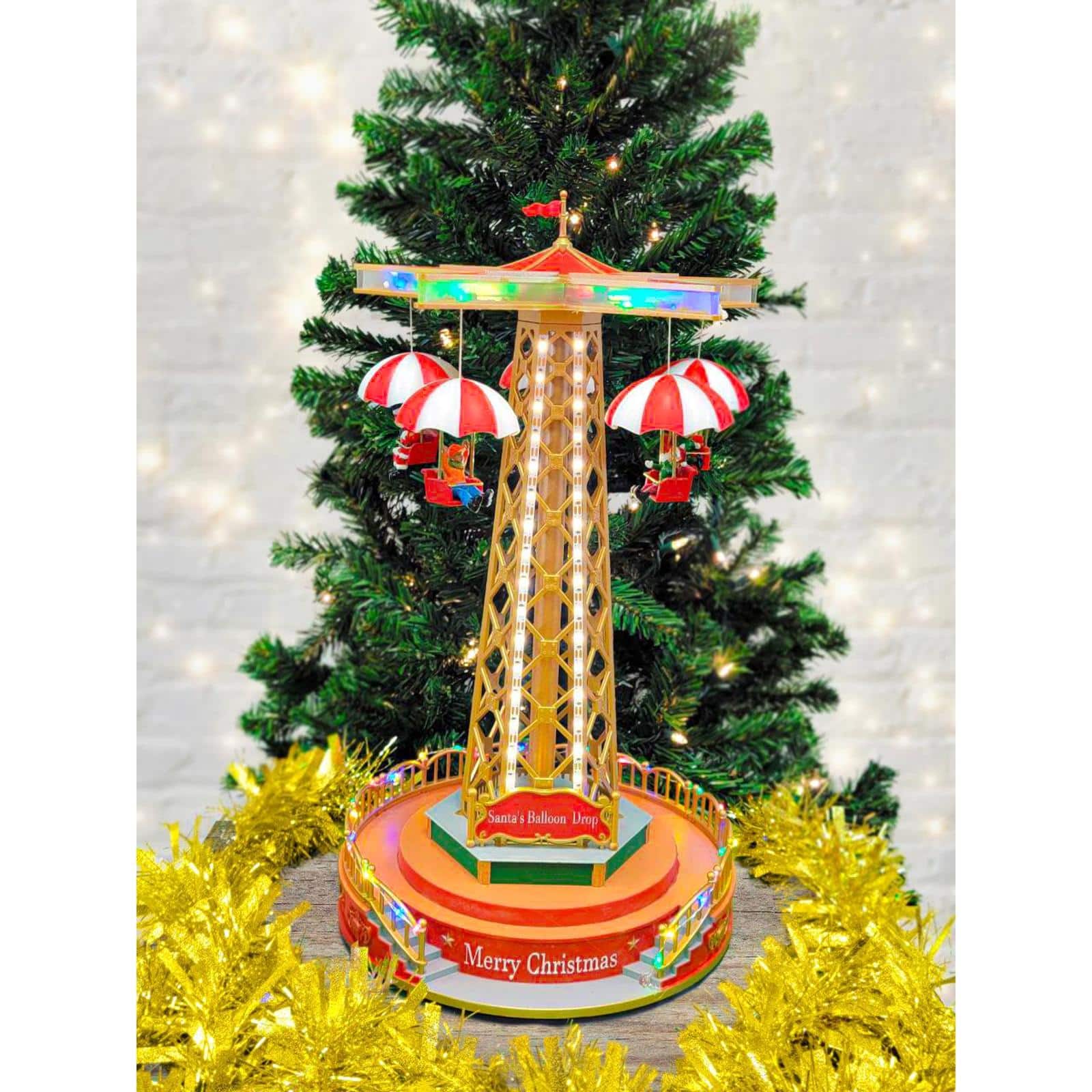 Wizardi Animated Christmas Village Carousel Parachute Tower