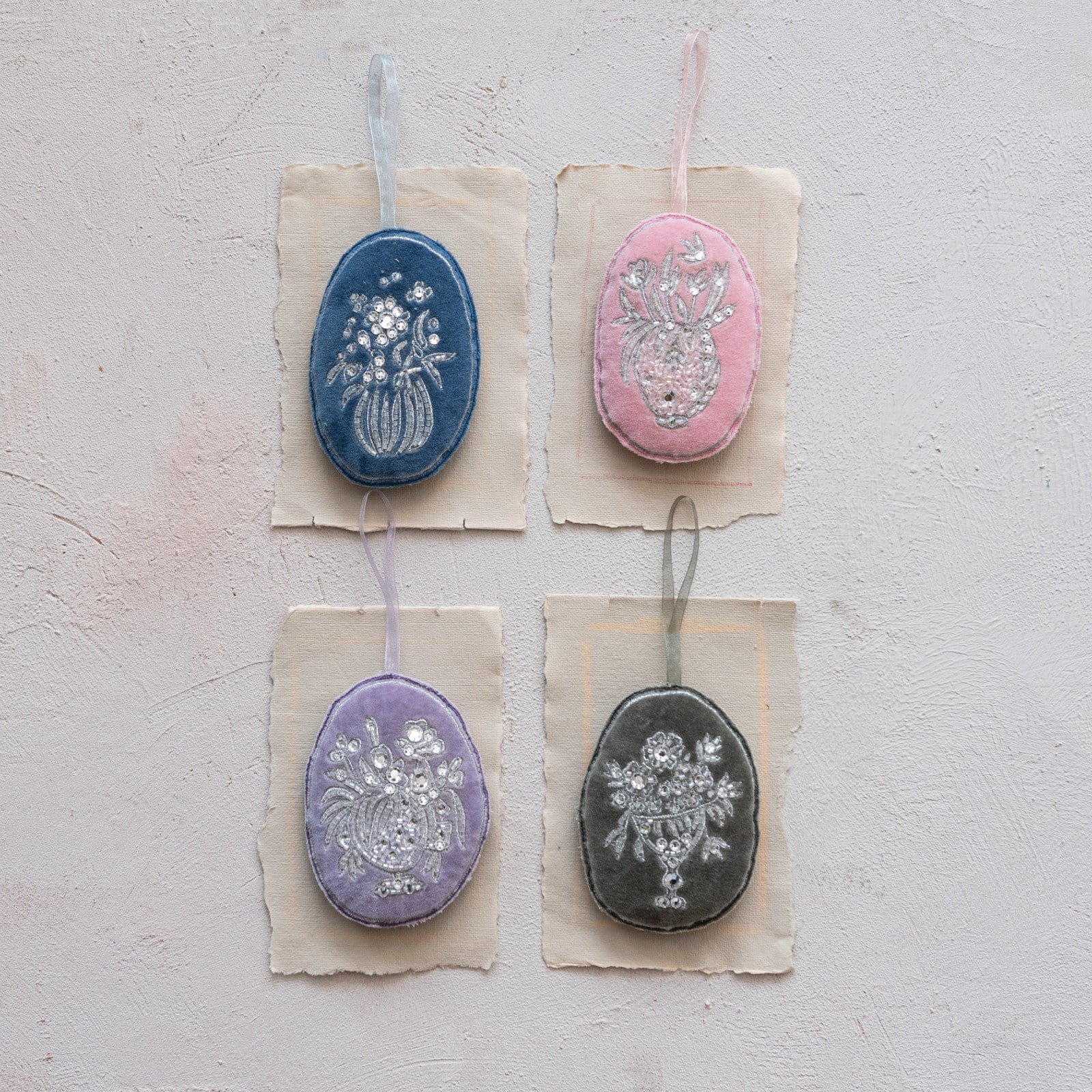 Hello Honey® 4 Pack 3.5" Beaded Flower Oval Velvet Ornaments