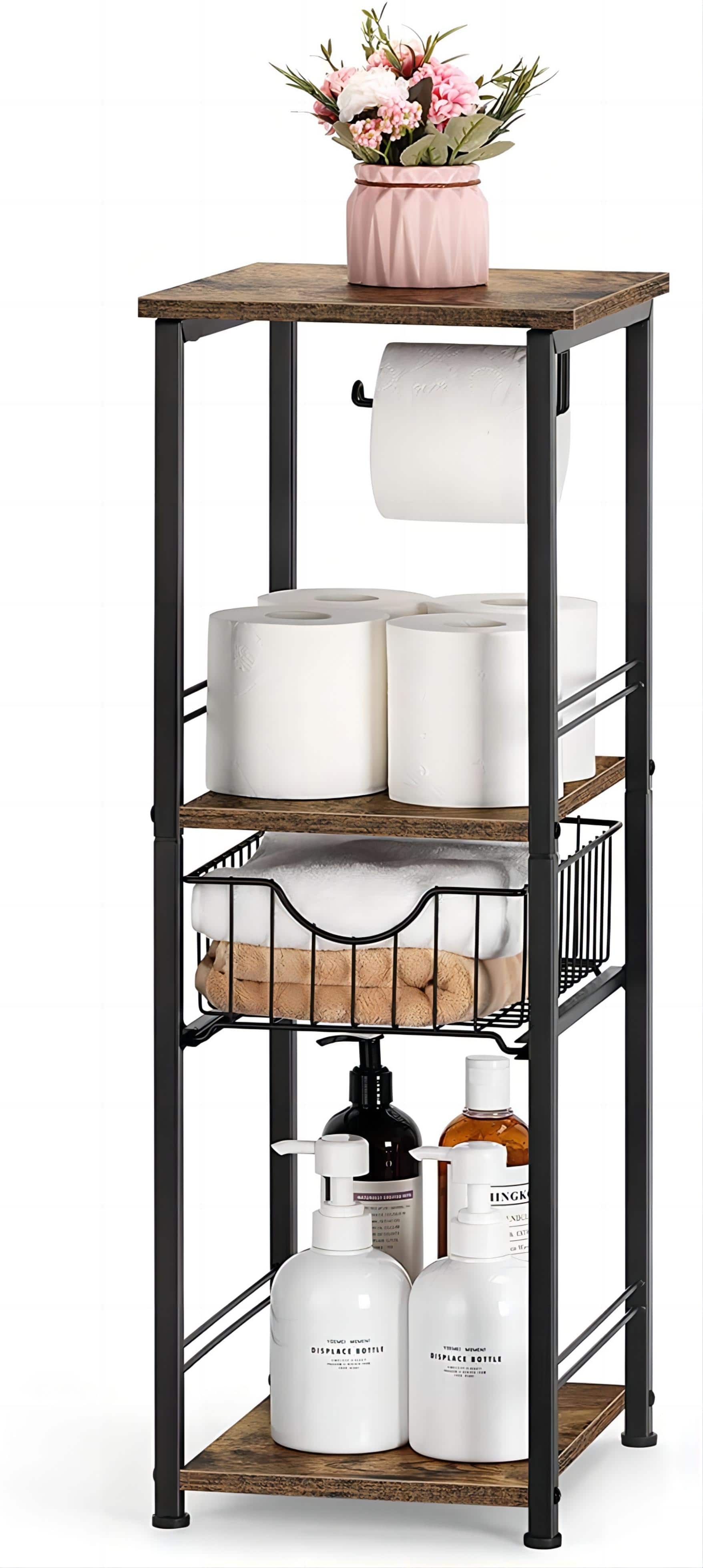 NEX™ 28" Freestanding 3-Tier Storage Shelf with Basket Drawer & Toilet Paper Holder