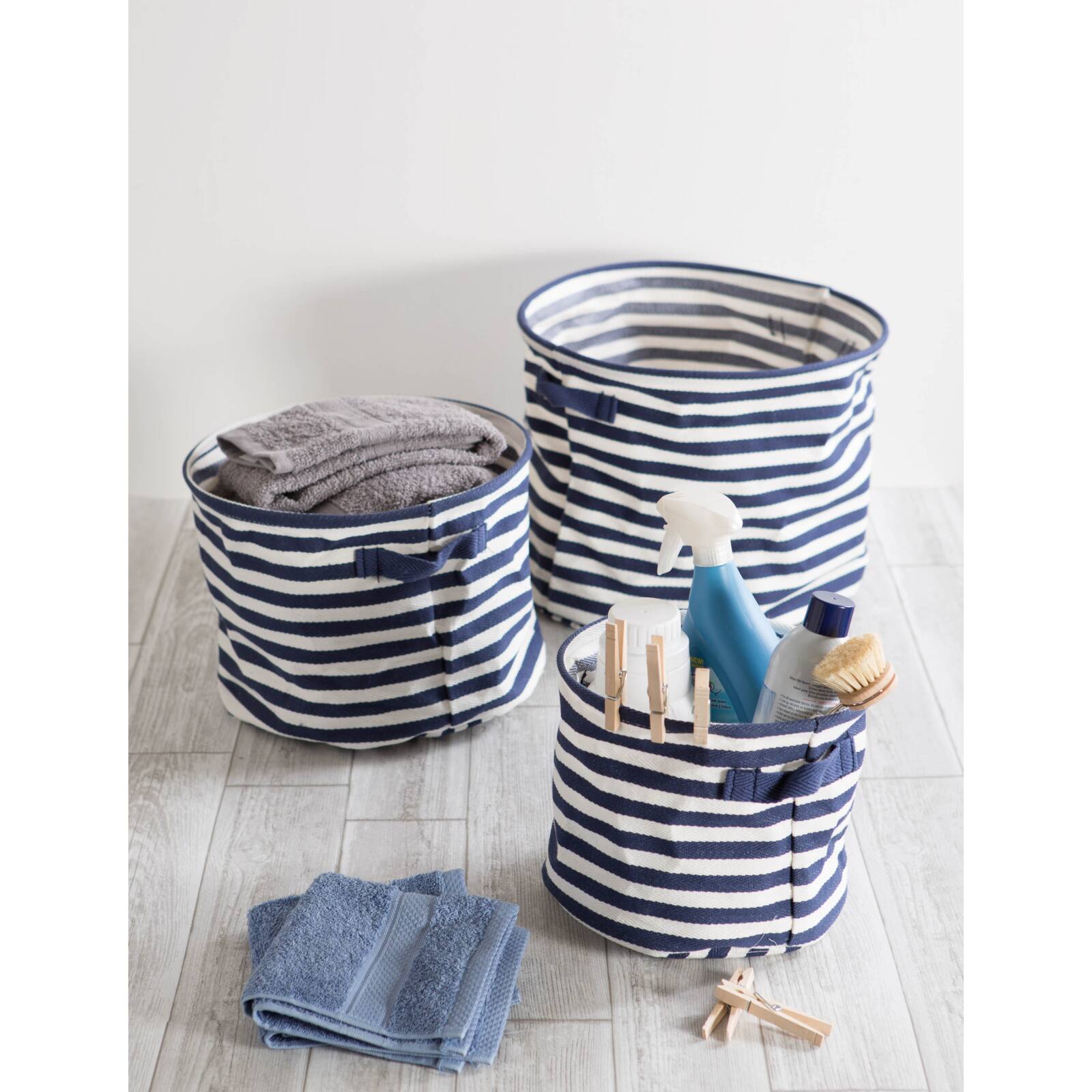DII® Round Stripes PE-Coated Herringbone Woven Cotton Laundry Bin Set