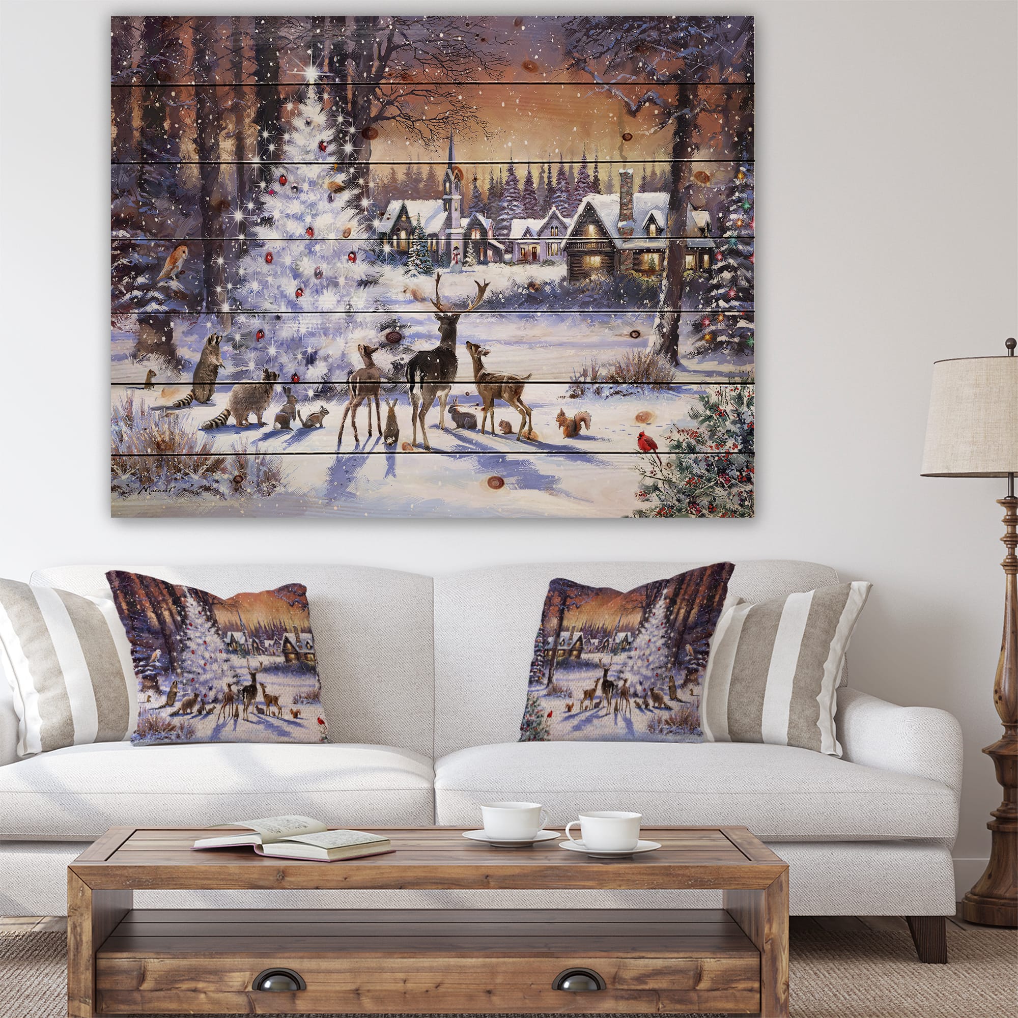 Designart Christmas Woods with Deer, Buck & Owl Print on Pine Wood