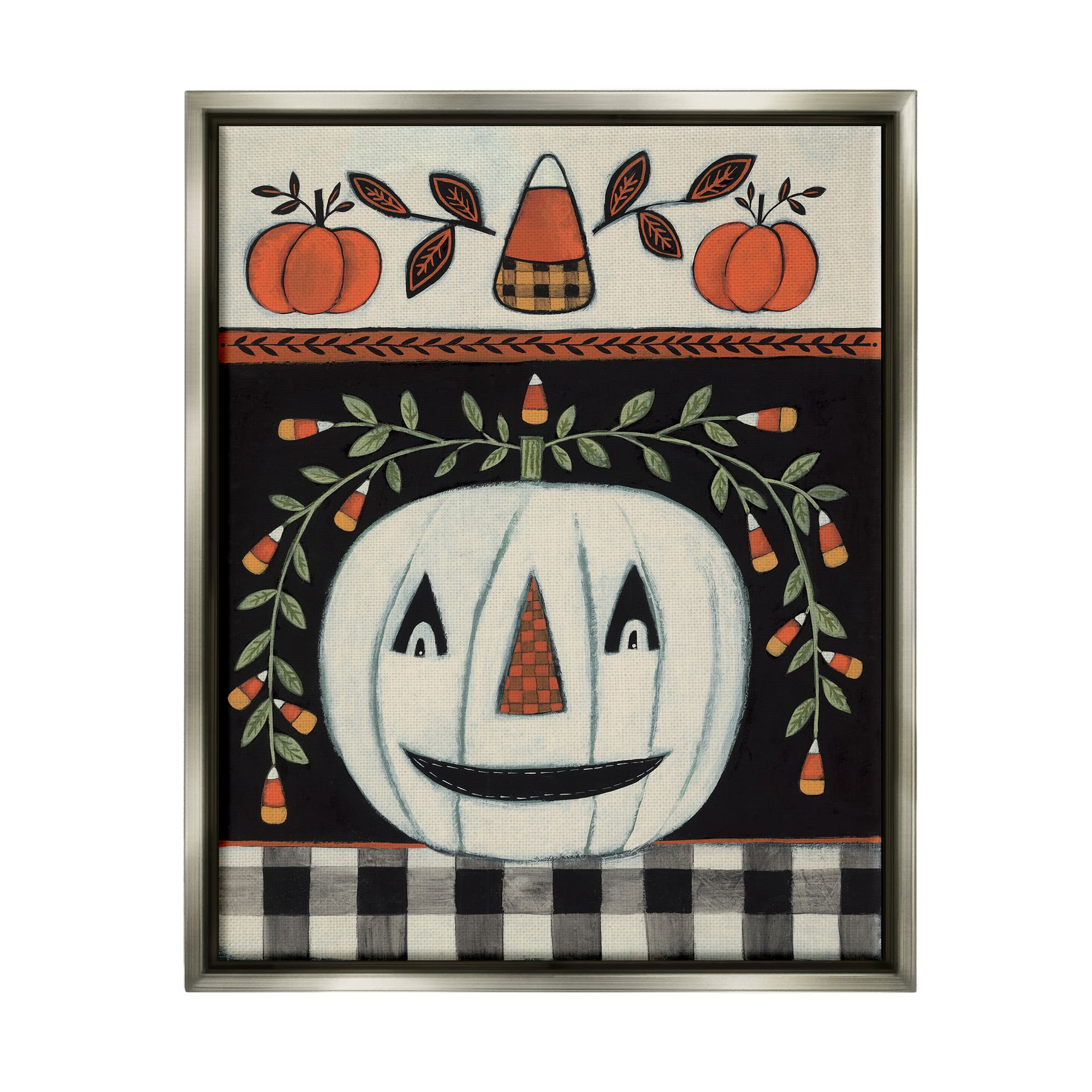 Stupell Industries Fall Jack-o-Lantern Tartan Pattern Framed Floater Canvas Wall Art