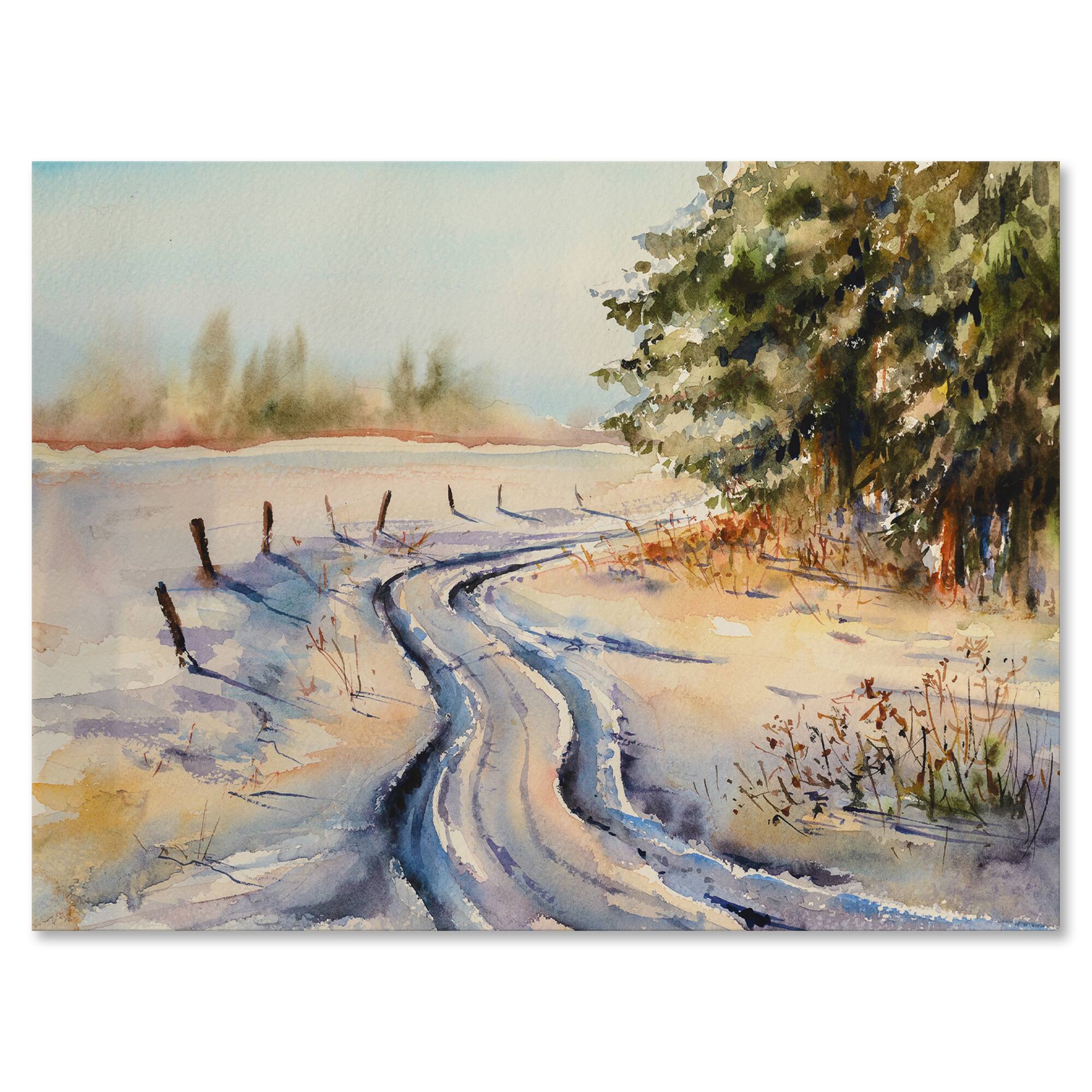 Designart - Snowy Winter Forest Landscape Country Road In Snow