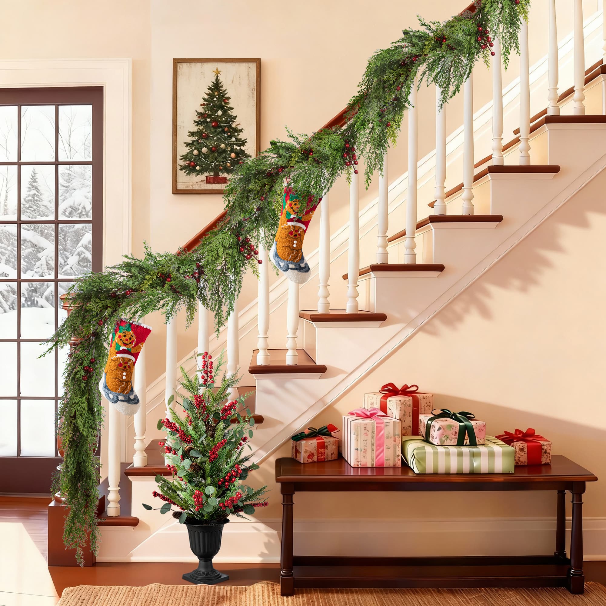 Glitzhome® 9ft. Christmas Greenery PE Dripping Cedar Garland with Red Berries, Set of 2