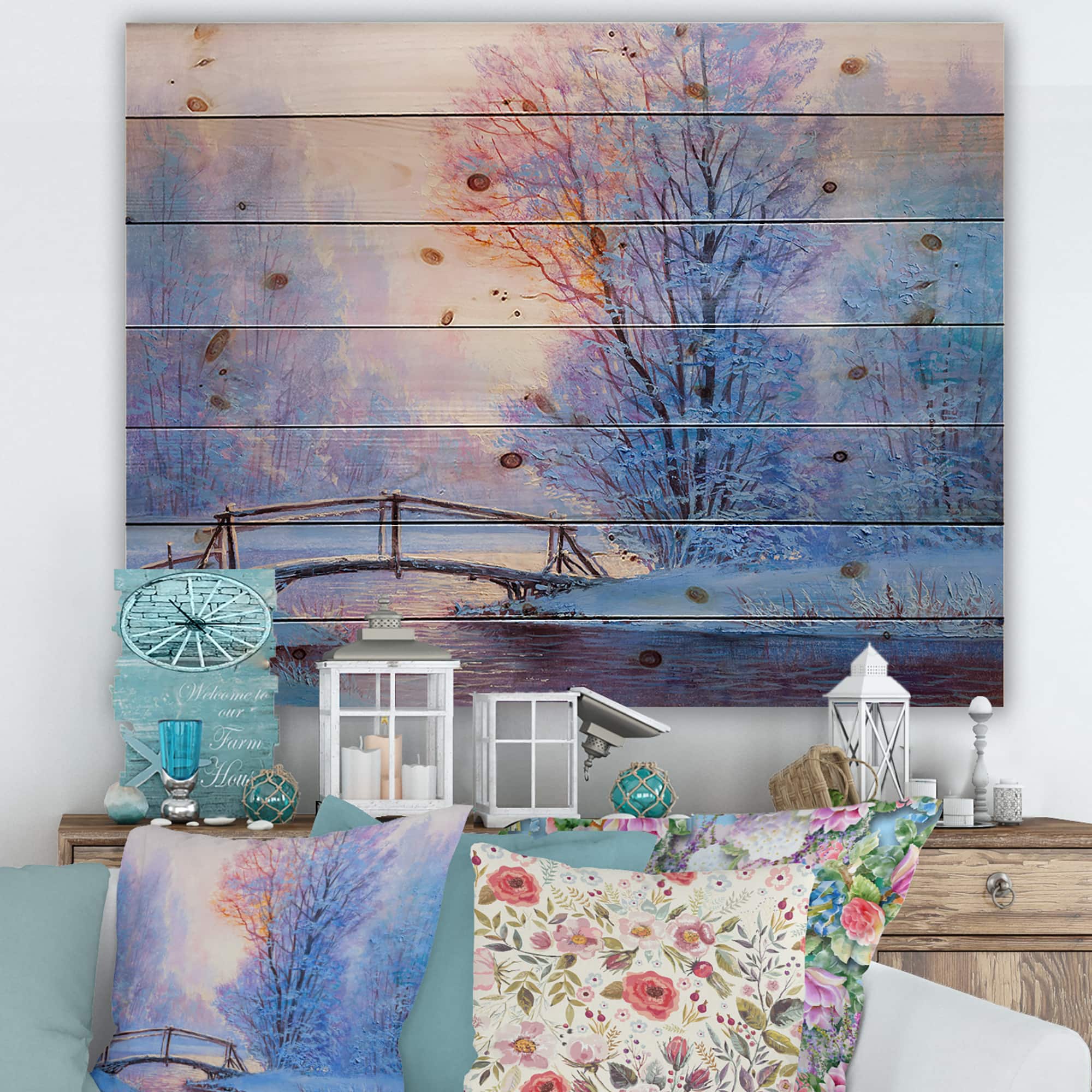 Designart - Winter Landscape With A River and A Bridge