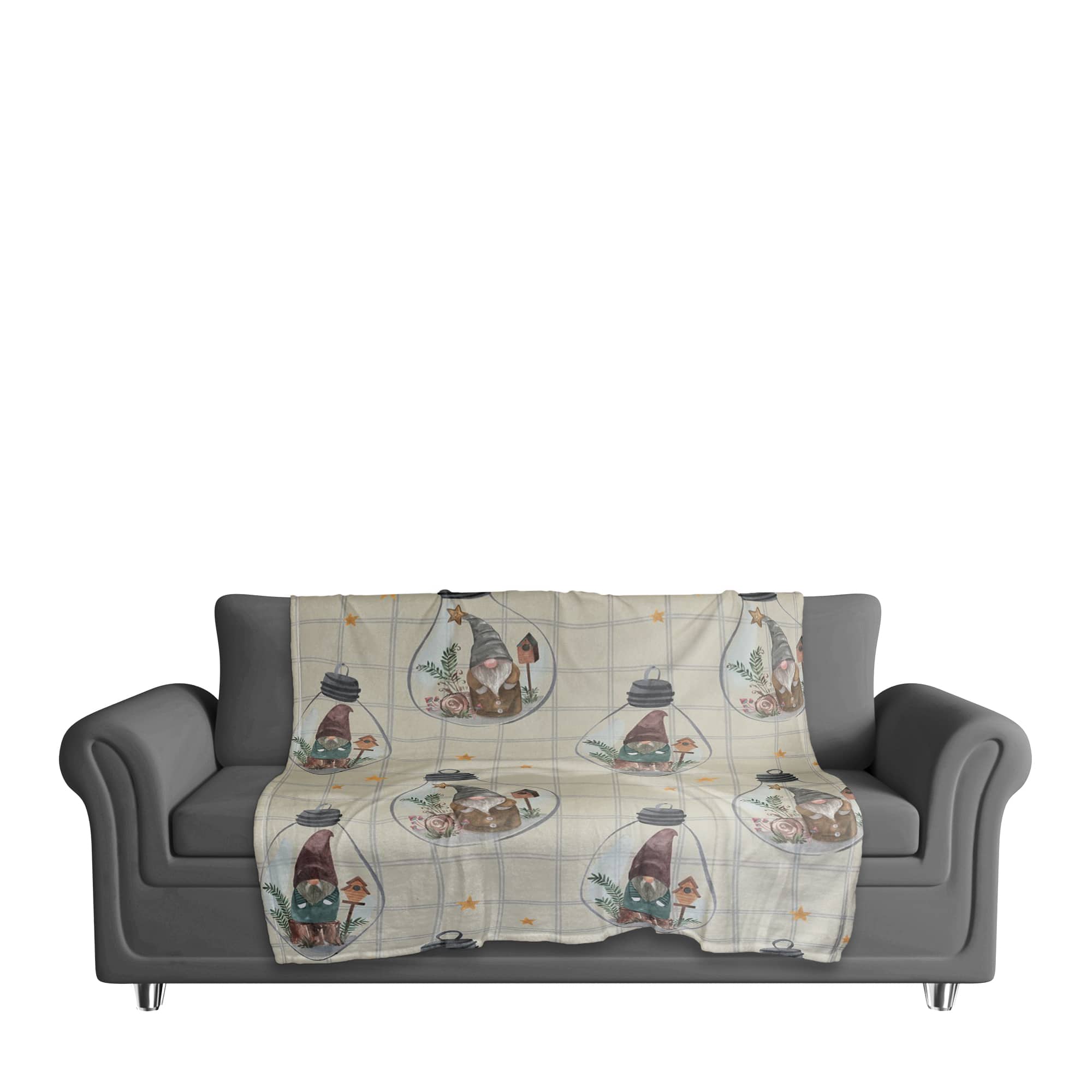 Cream and Gray Check Gnome Globe Pattern Coral Fleece Blanket