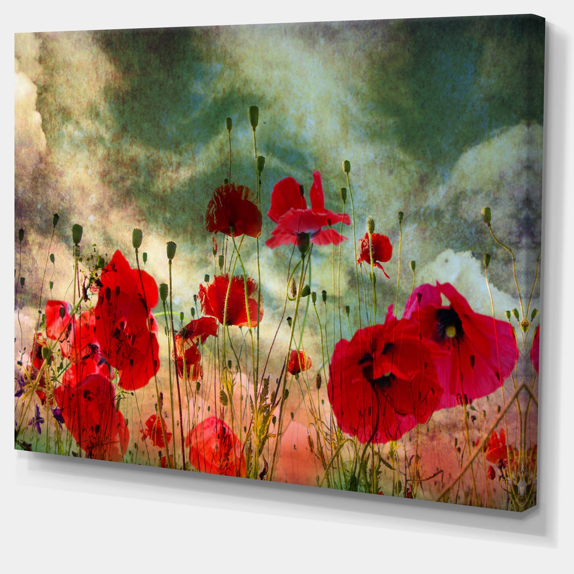 Designart - Wild Red Poppy Flowers in Sky - Floral Canvas Art Print
