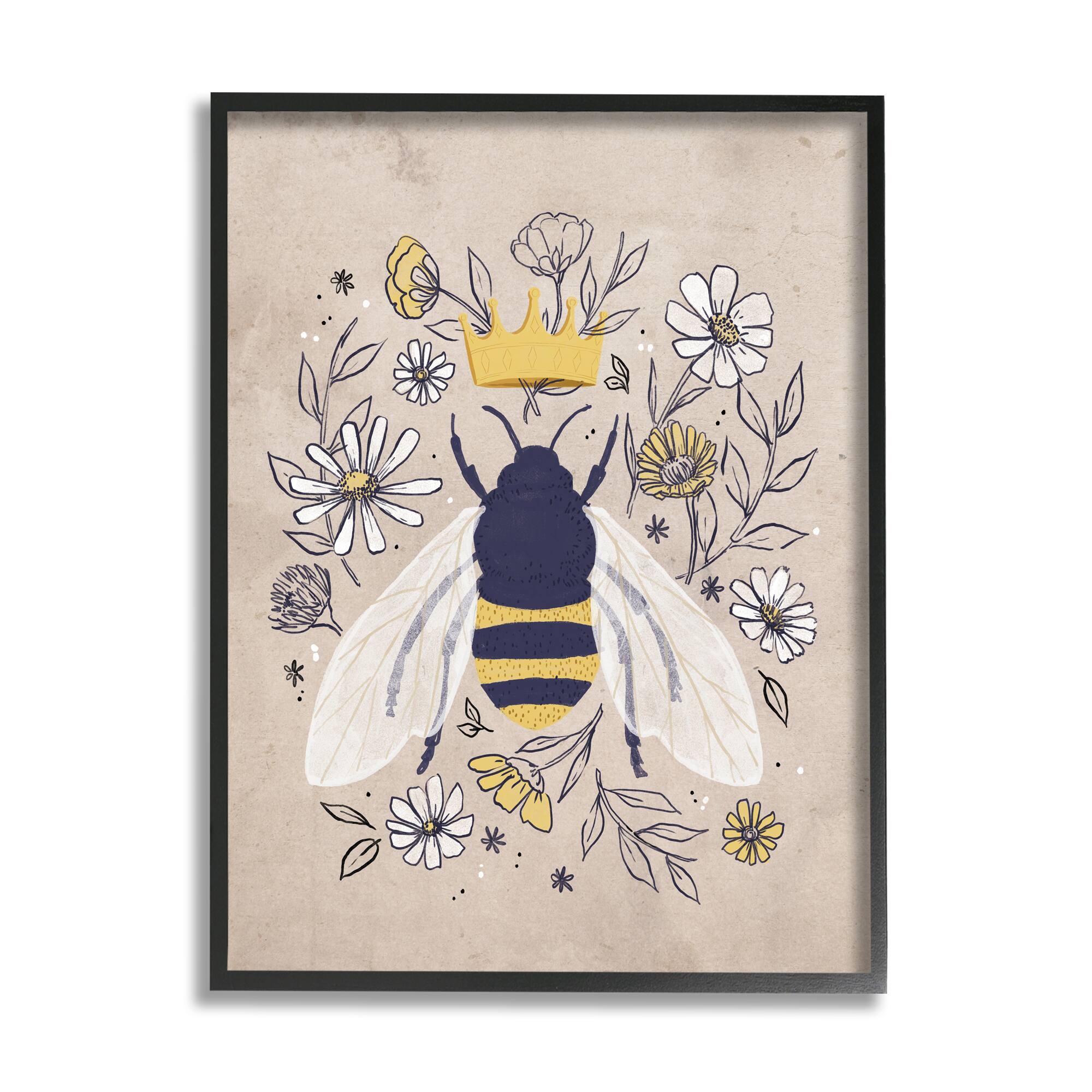 Stupell Industries Queen Bee with Crown Yellow White Daisy Florals in Frame Wall Art
