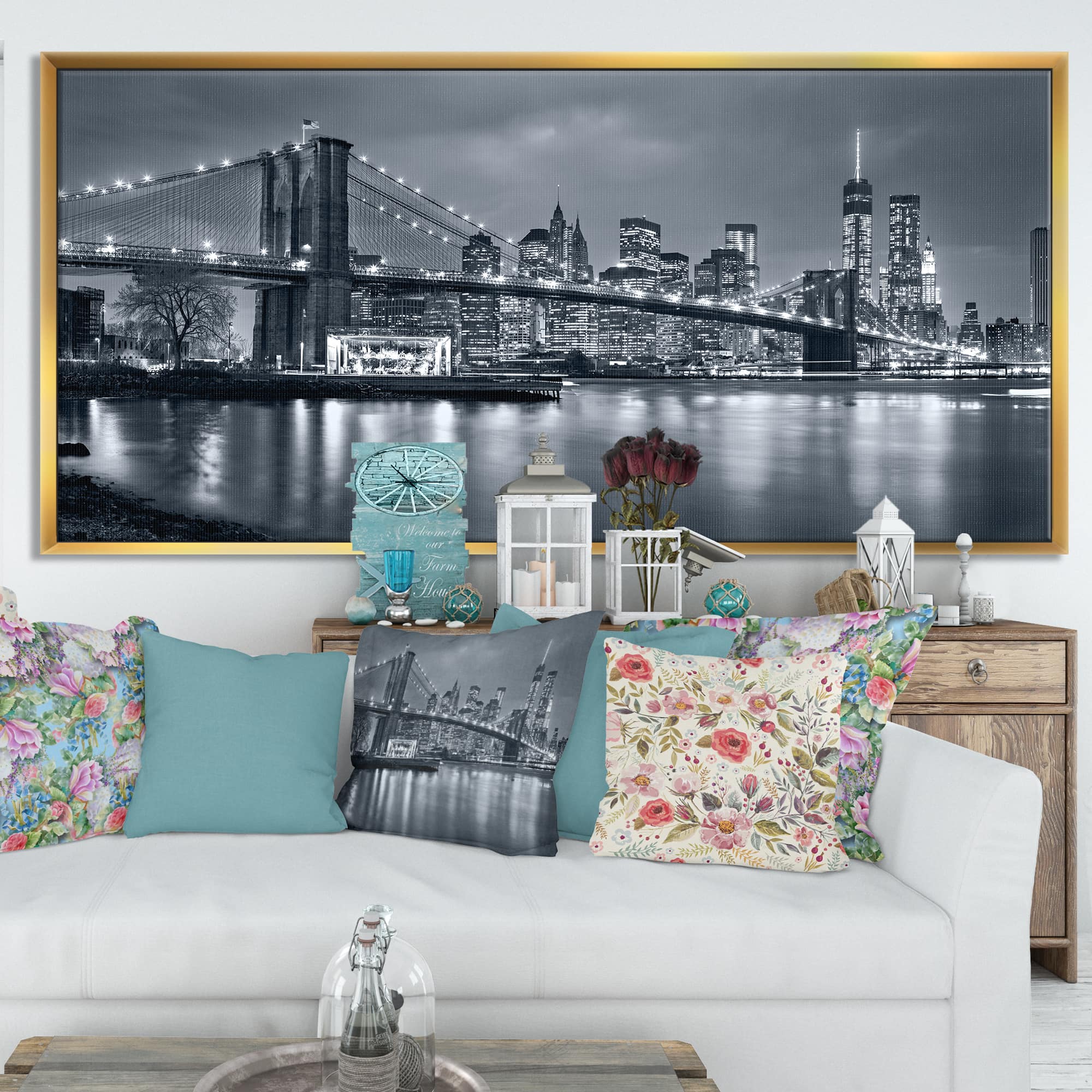 Designart - Panorama New York City at Night - Cityscape Framed Canvas Print