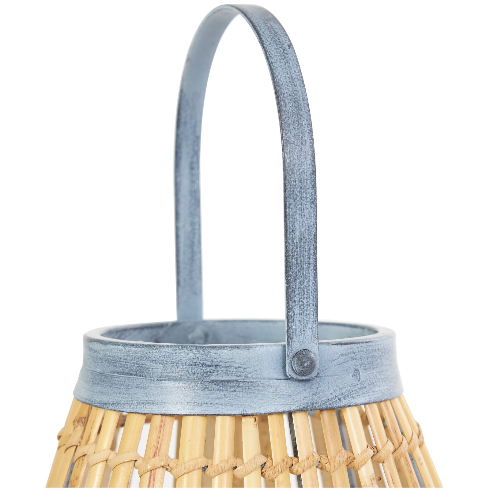 16" Brown Bamboo Handmade Open Framed Candle Lantern with Blue Metal Accents & Handle