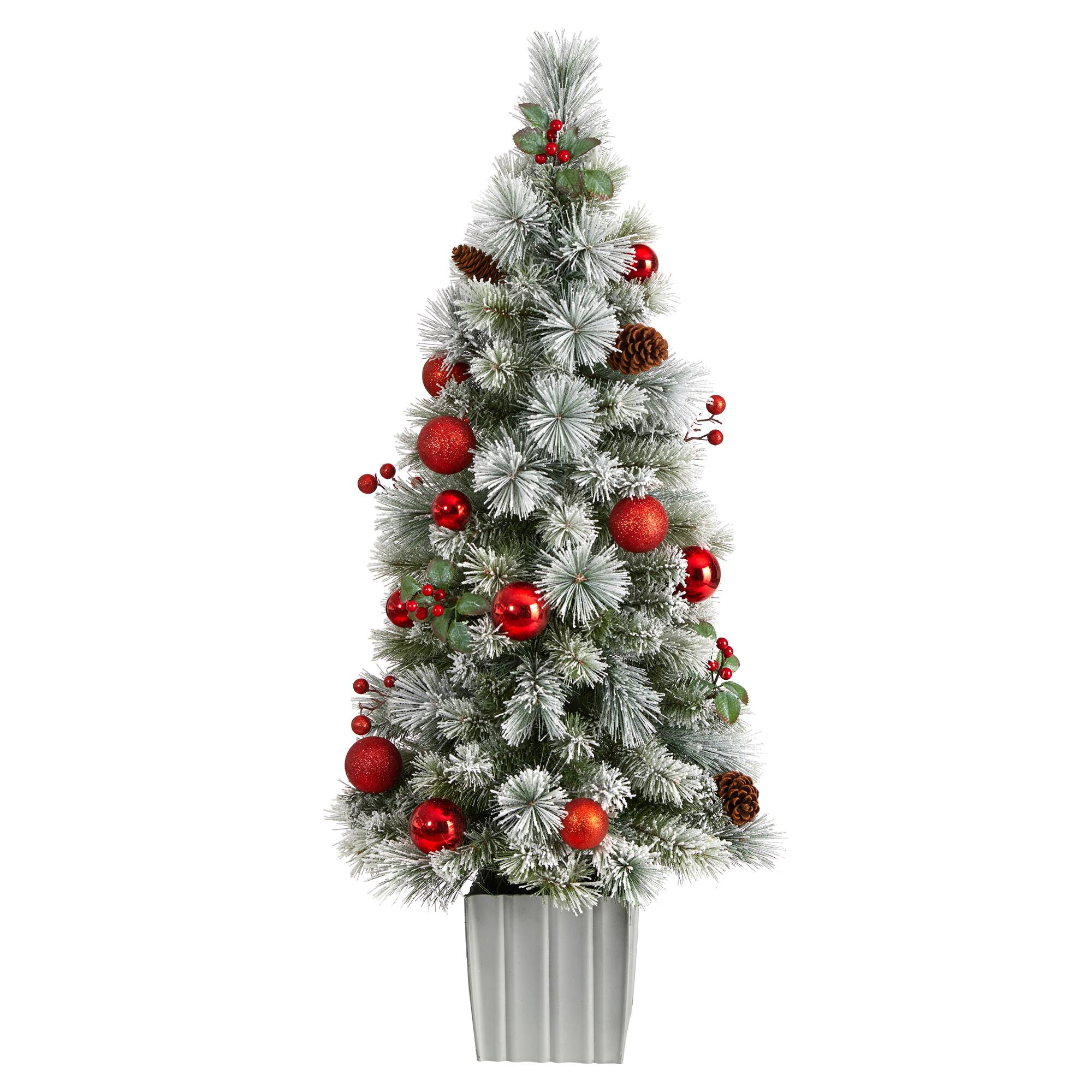4ft. Pre-Lit Winter Flocked Artificial Christmas Tree in Decorative Planter, White LED Lights