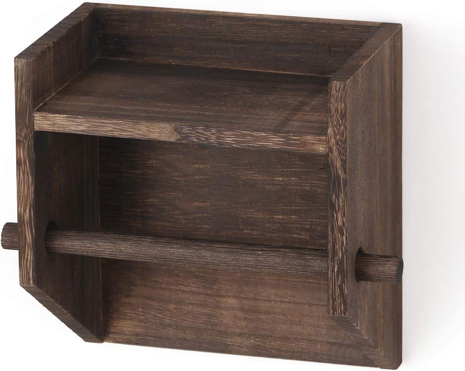Rustic Brown Wood Toilet Paper Holder Wall Mount with Shelf