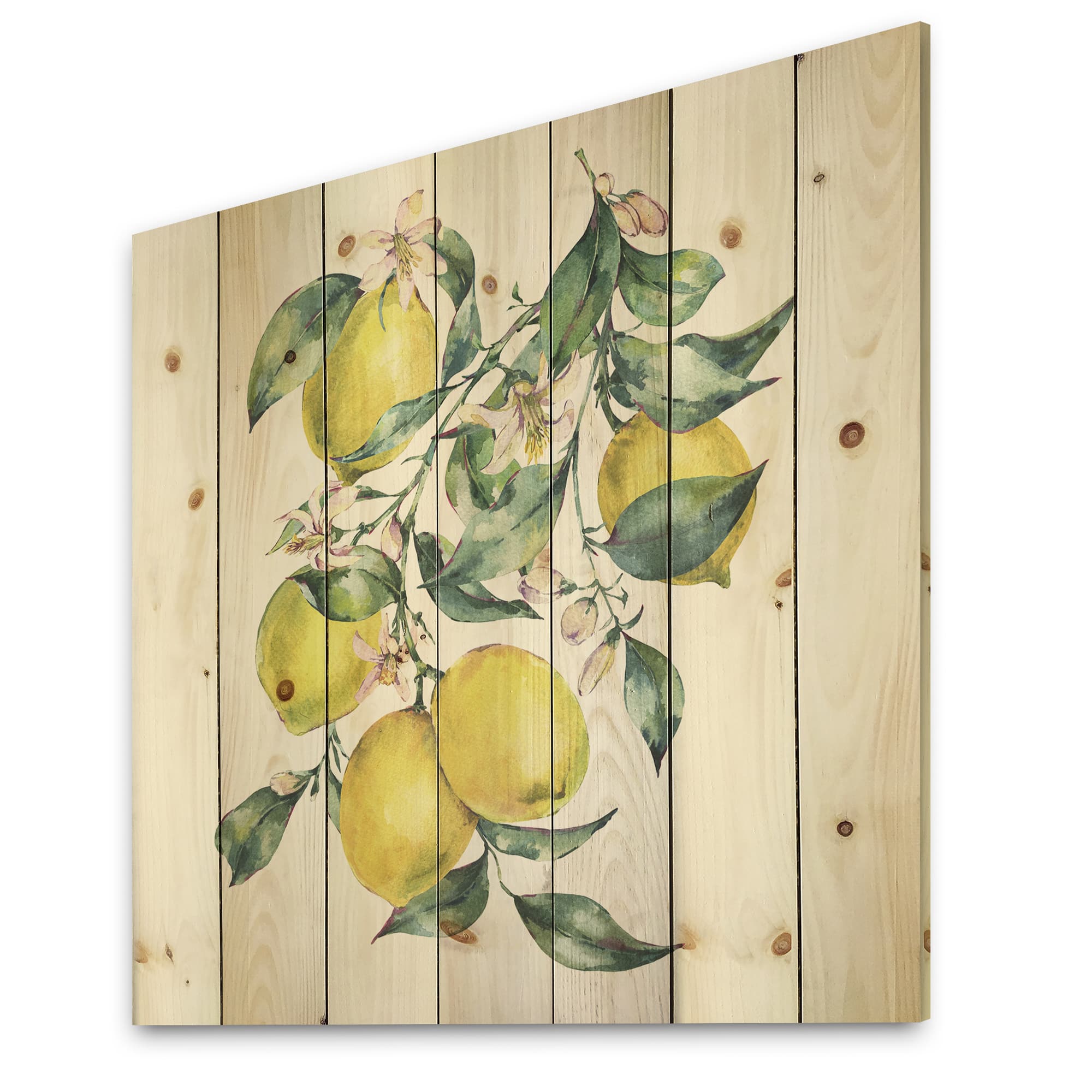 Designart - Branch of Yellow Lemons and Leaves I - Tropical Print on Natural Pine Wood