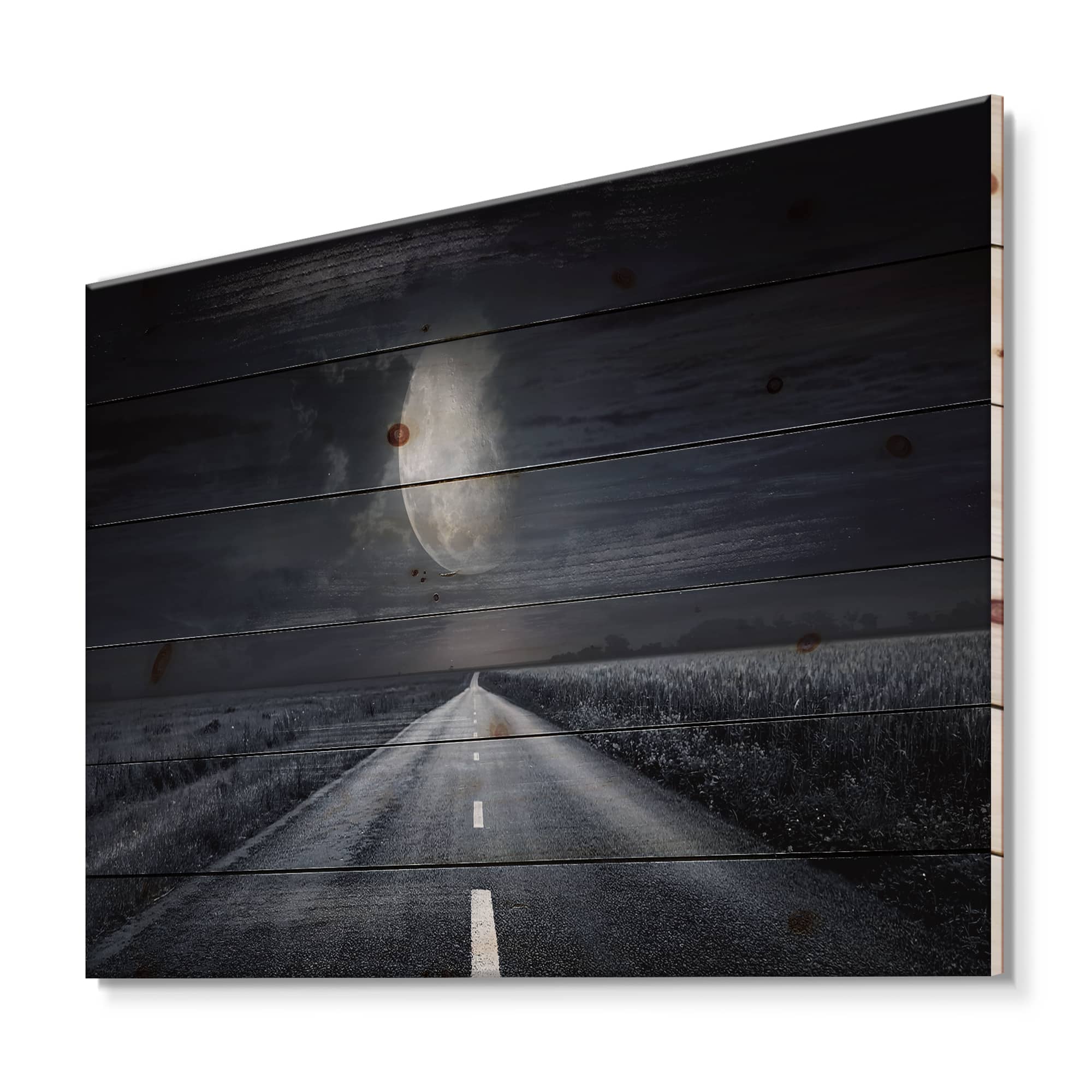 Designart - Asphalt Road Under Cloudy Full Moon III - Nautical & Coastal Print on Natural Pine Wood