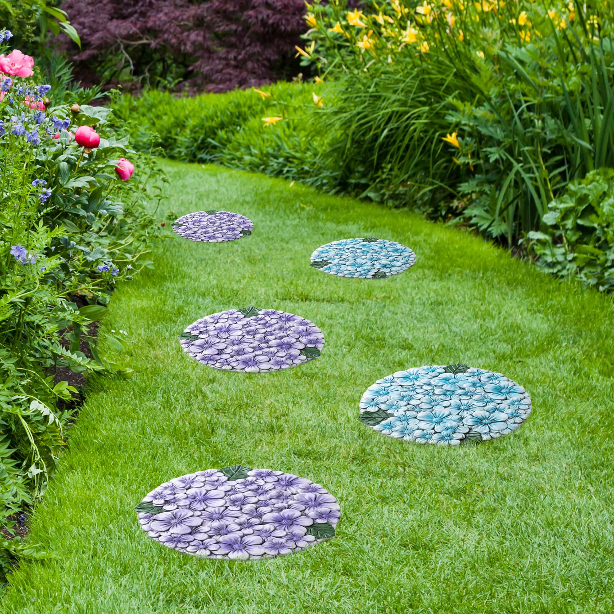 Glitzhome® 10" Set of 2 Cement Blue and Purple Hydrangea Textured Stepping Stones